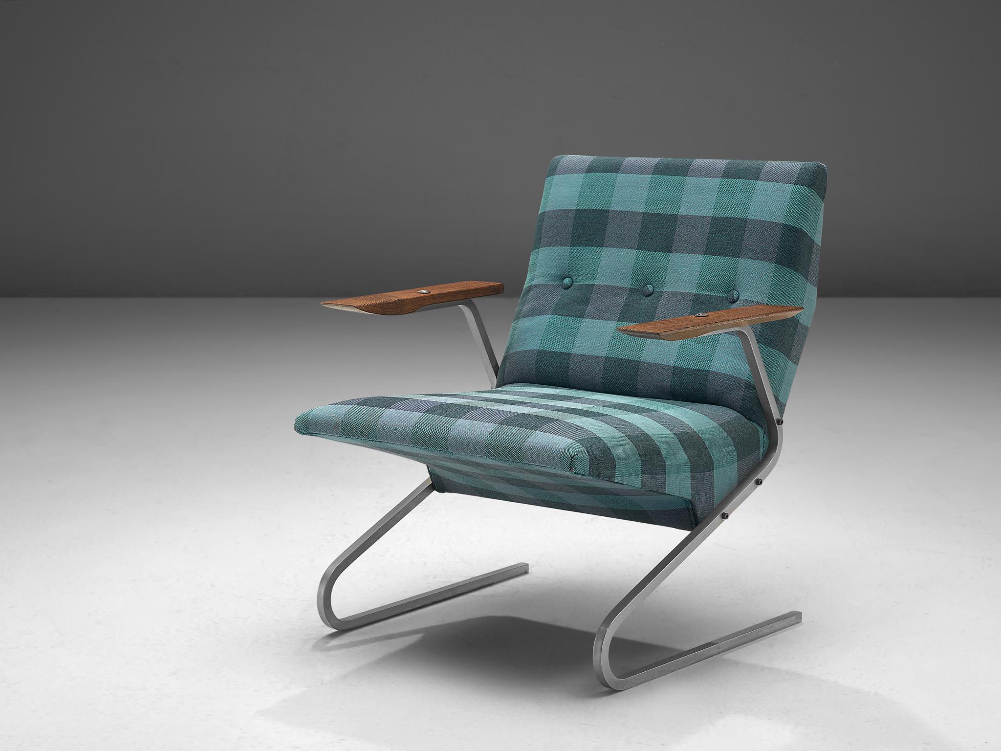 Georges van Rijck for Beaufort, 'Cantilever' lounge chair, fabric, wood and steel, Belgium, 1970s.

This playful 'Cantilever' armchair is designed by Georges van Rijck. The chair shows sharp lines and an angled, floating seat. The S-shaped frame