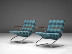 Georges van Rijck 'Cantilever' Armchairs in Blue Checkered Upholstery