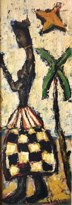 French Expressionist Impasto Oil Painting African Island Girl Kente Cloth Skirt