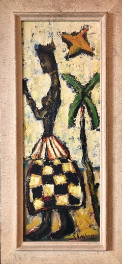 Retro French Expressionist Impasto Oil Painting African Island Girl Kente Cloth Skirt