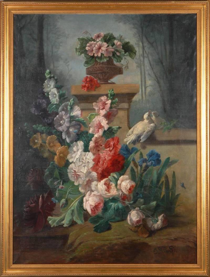 Georges Viard Still-Life Painting - "Flowersstillife with birds on the parc wall"