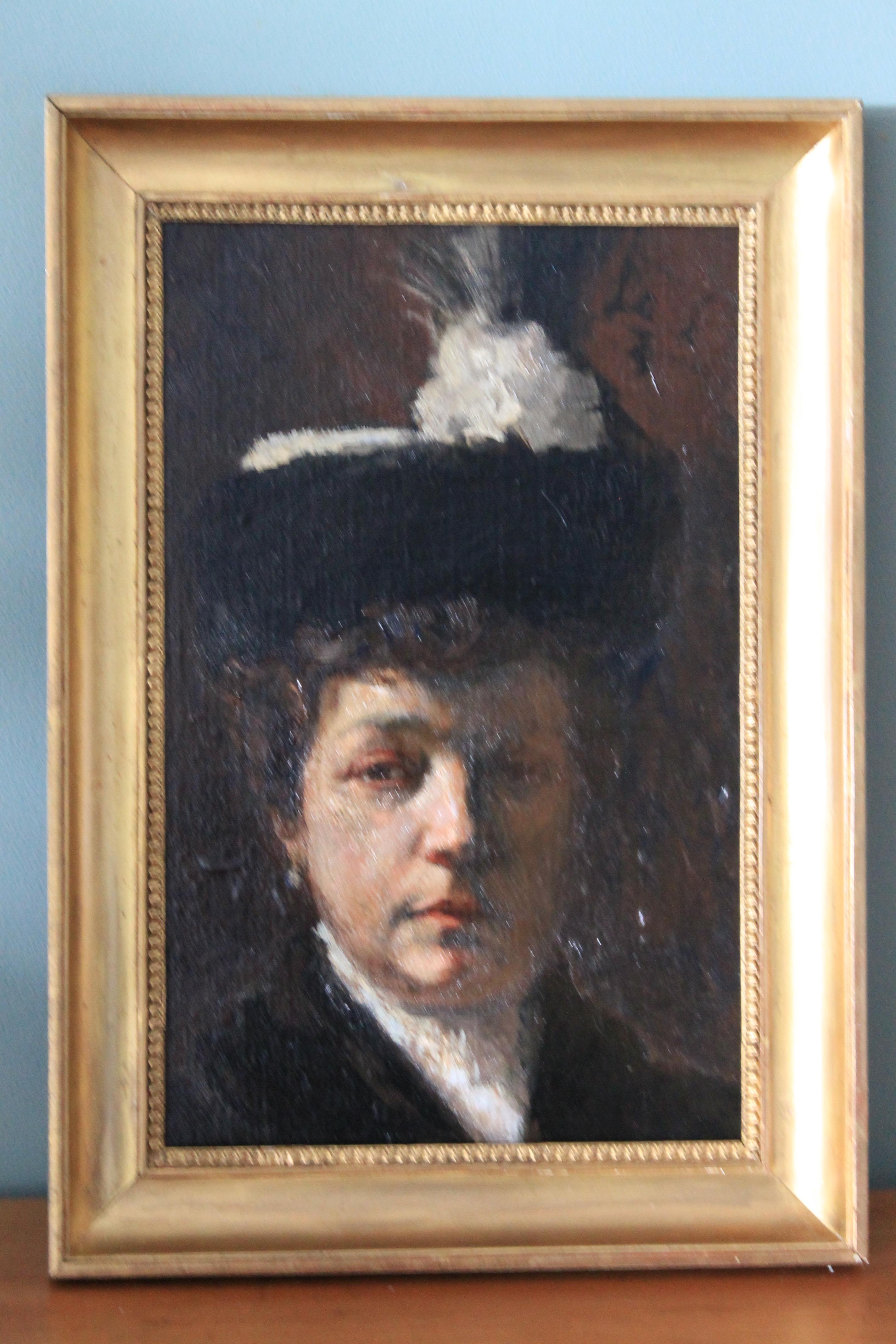 Retrato de mujer, retrato antiguo de la madre del artista, escuela francesa - Painting de Georges Villa