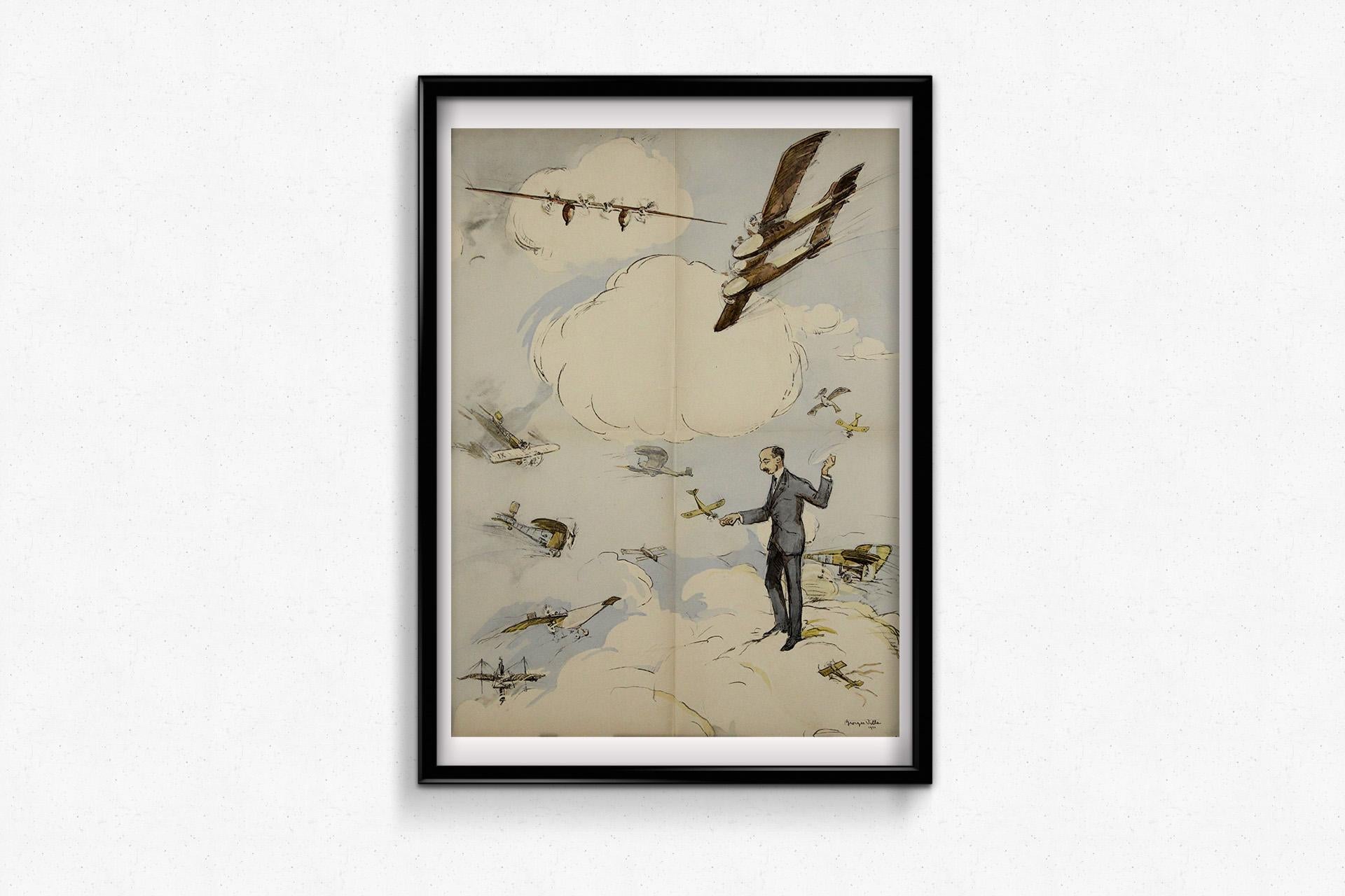 Manifesto originale del 1921 di Georges Villa: Avion dans les nuages in vendita 1