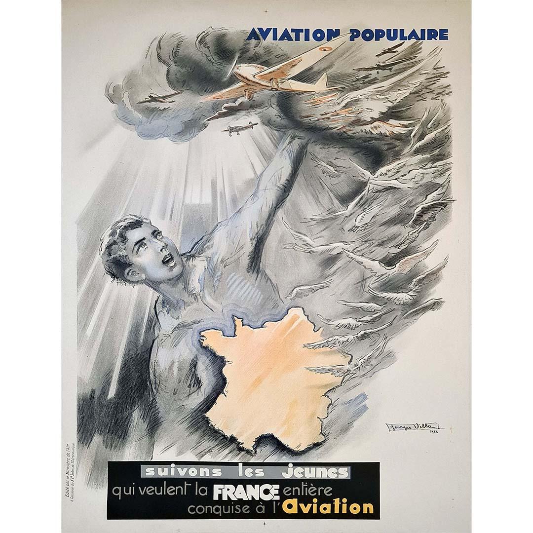 Aviation Populaire von Georges Villa, Originalplakat, 1936, Art déco im Angebot 1