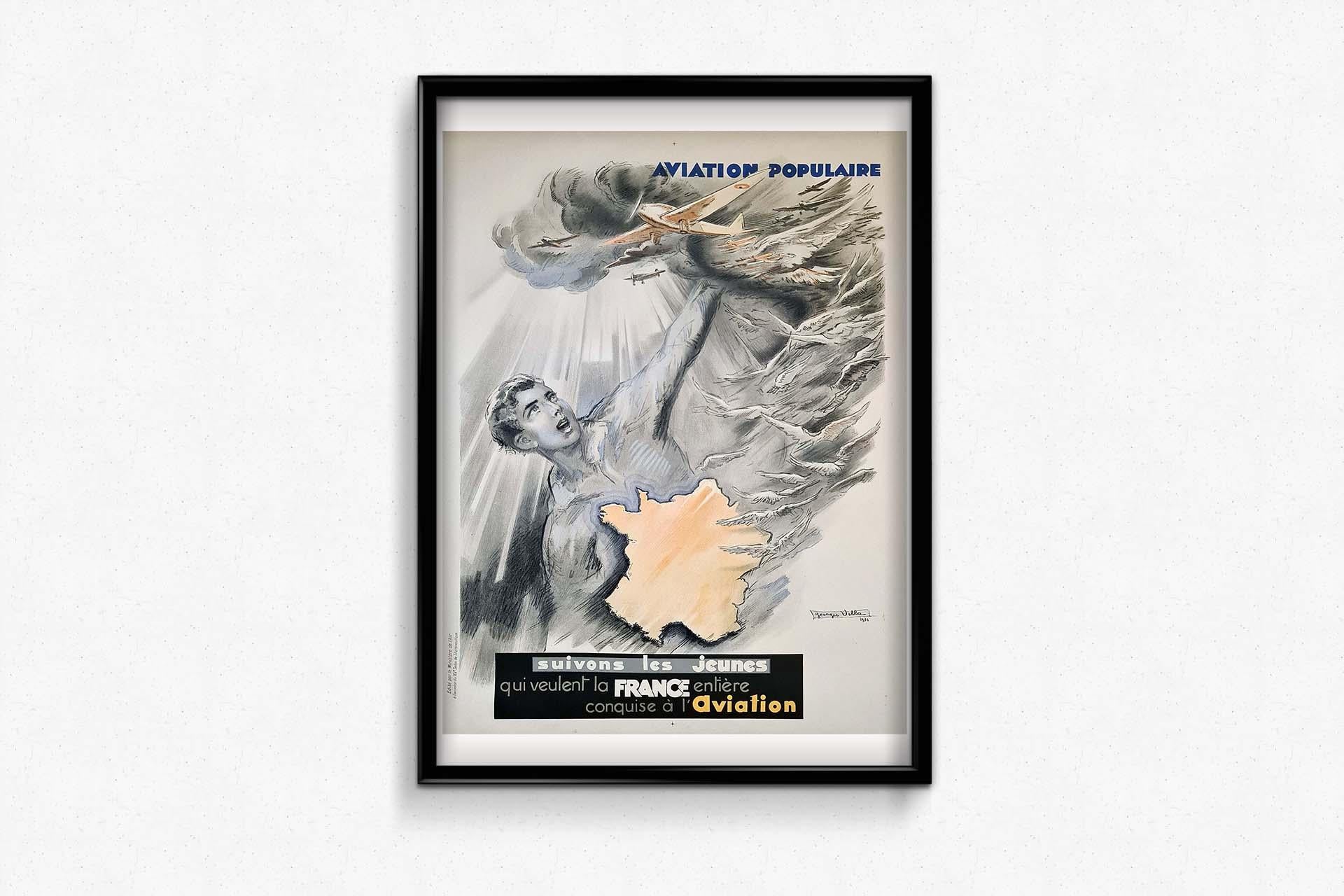 Aviation Populaire de Georges Villa 1936 Cartel original - Art Déco en venta 2