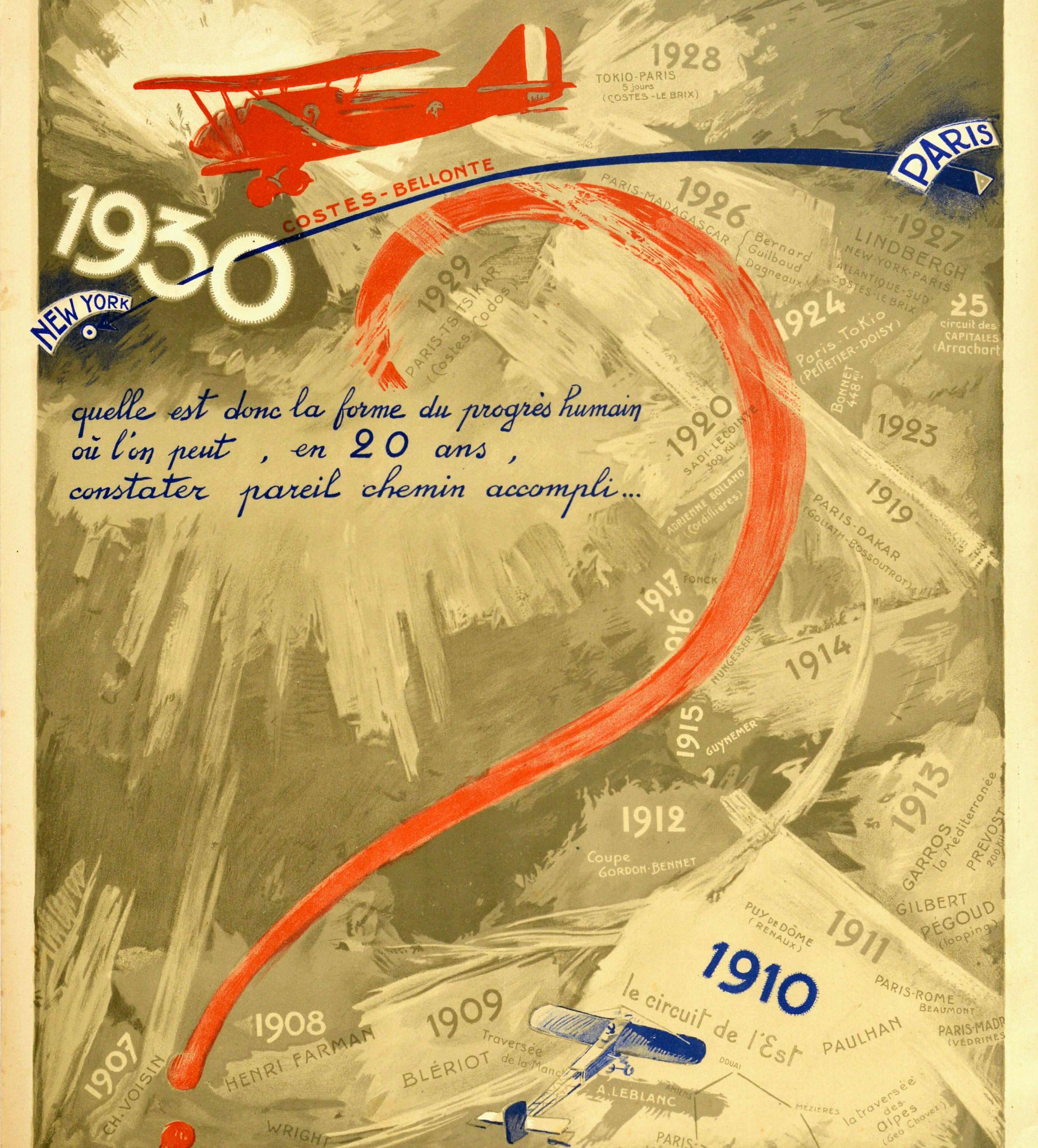 Original Vintage Poster Aux Pessimistes Paris To New York Plane Aviation Record - Beige Print by Georges Villa
