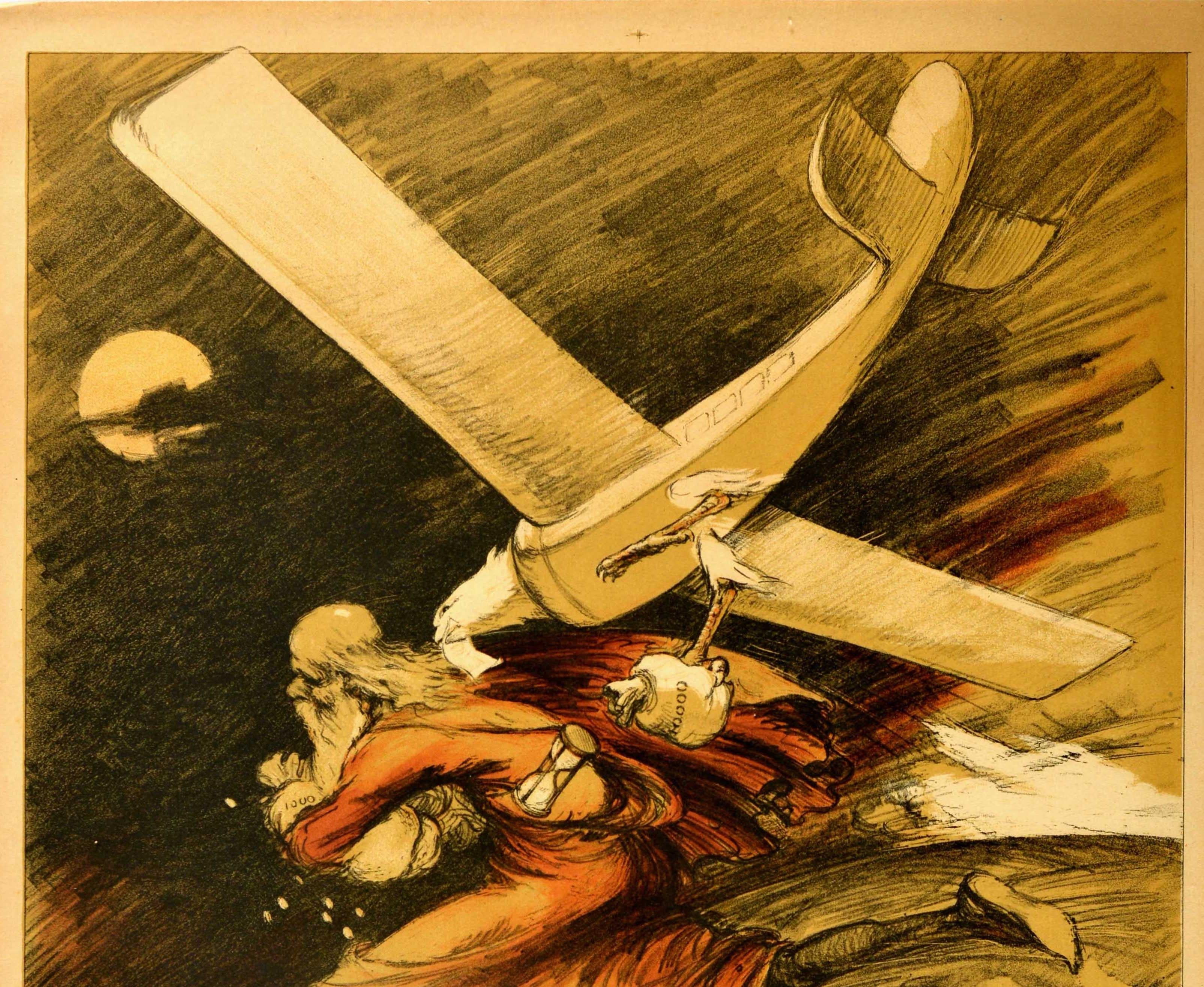 Original Vintage Poster Le Temps Est De l'Argent Time Is Money Plane Travel Art - Print by Georges Villa