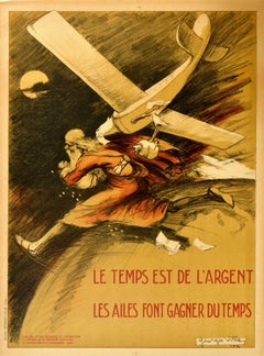 Original Vintage Poster Le Temps Est De l'Argent Time Is Money Plane Travel Art