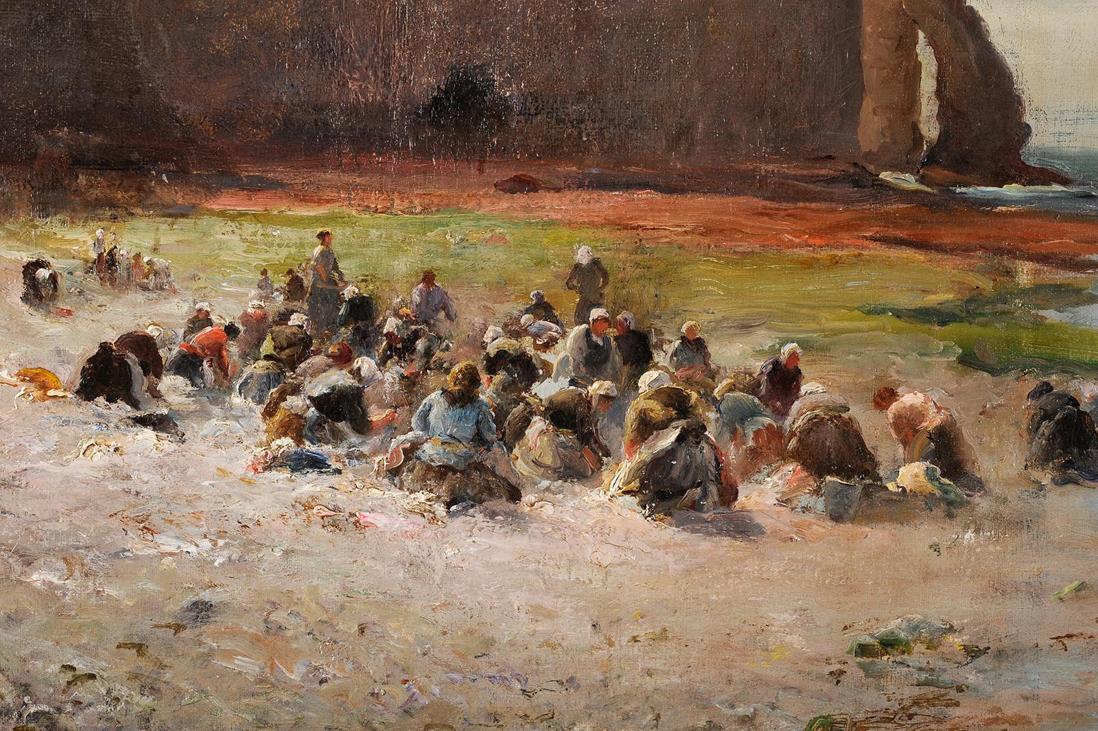 Etretat, washerwomens in Normandy - Painting by Georges Villain