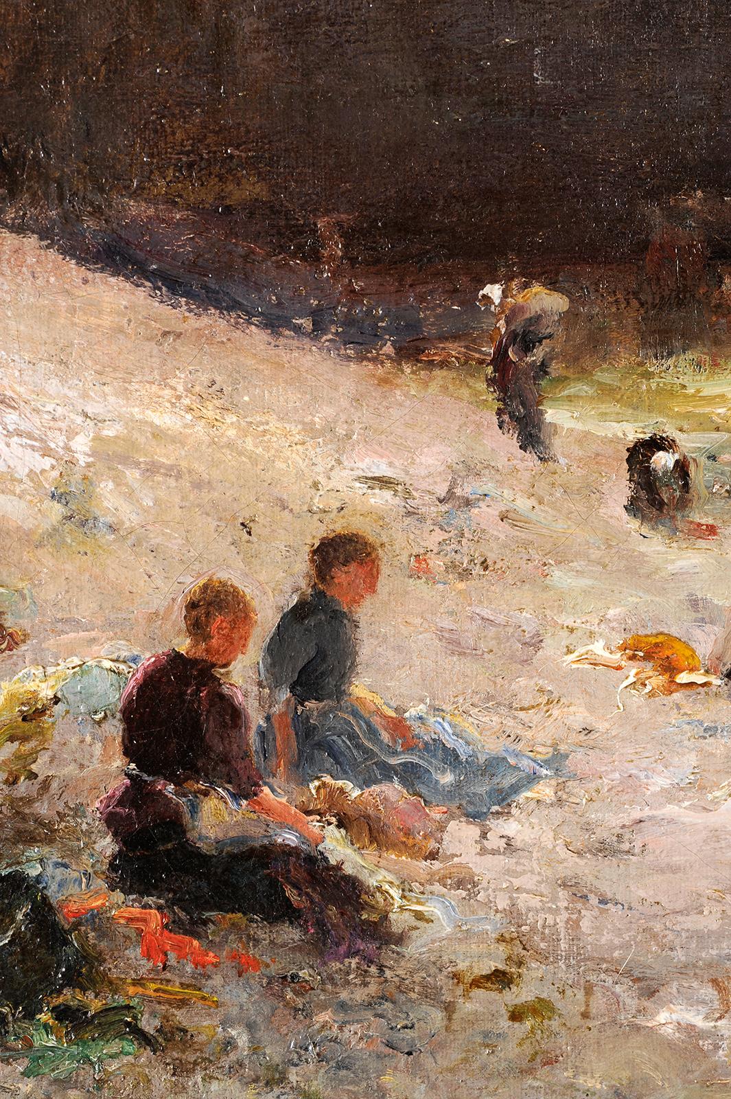 Etretat, washerwomens in Normandy - Brown Figurative Painting by Georges Villain