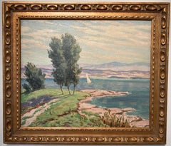 'Expansive Shore Scene with Sailboat, ' by Georges Wakhevitch, Oil on Canvas