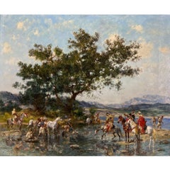 “At The Oasis" 19th Century Antique Landscape orientalist Oil Painting on Canvas