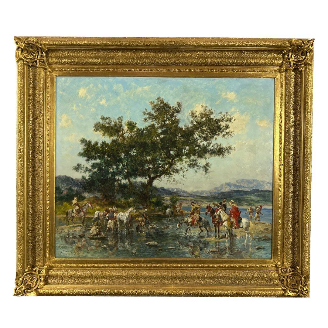 Georges Washington Landscape Painting - “At The Oasis" 19th Century Antique Landscape orientalist Oil Painting on Canvas
