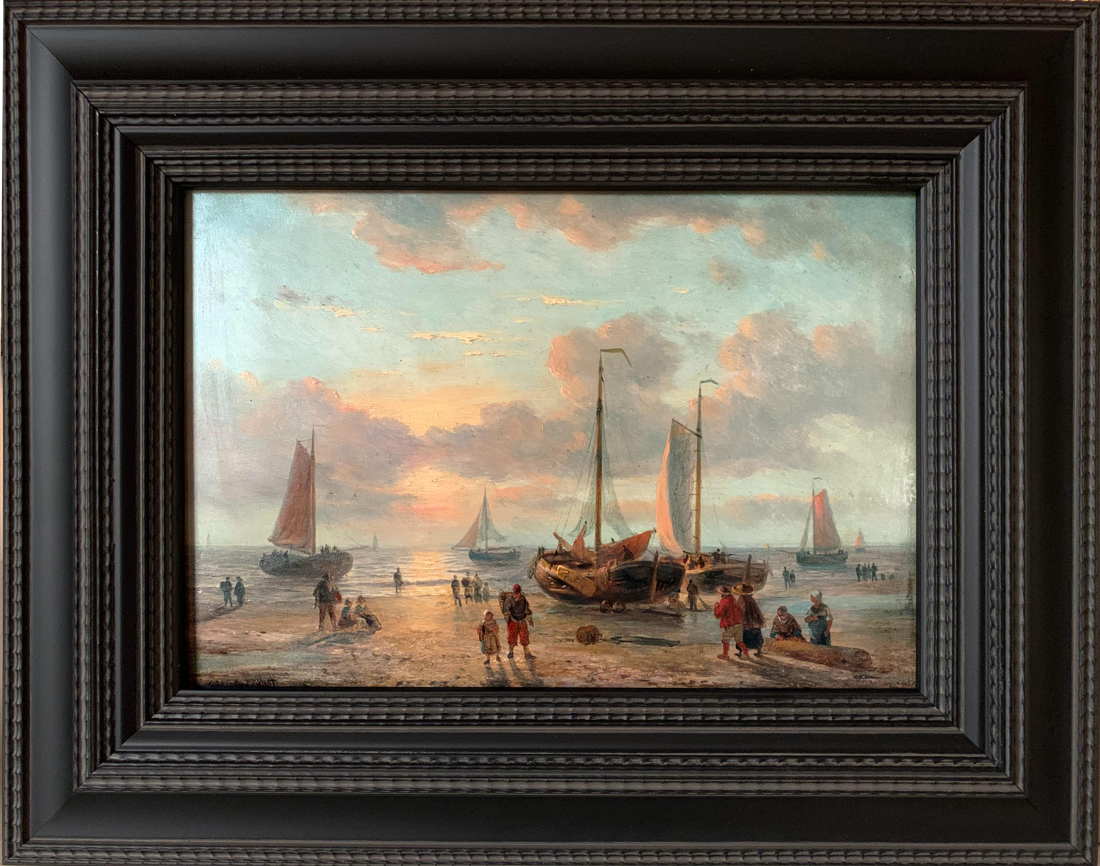 Peinture à l’huile sur panneau de Georges Wilhelm Opdenhoff
(1807-1873)
Dimensions : 21 x 30 cm
Nous vous présentons cette œuvre de Georges Wilhelm Opdenhoff, un artiste néerlandais du XIXe siècle, reconnu pour ses paysages marins empreints de