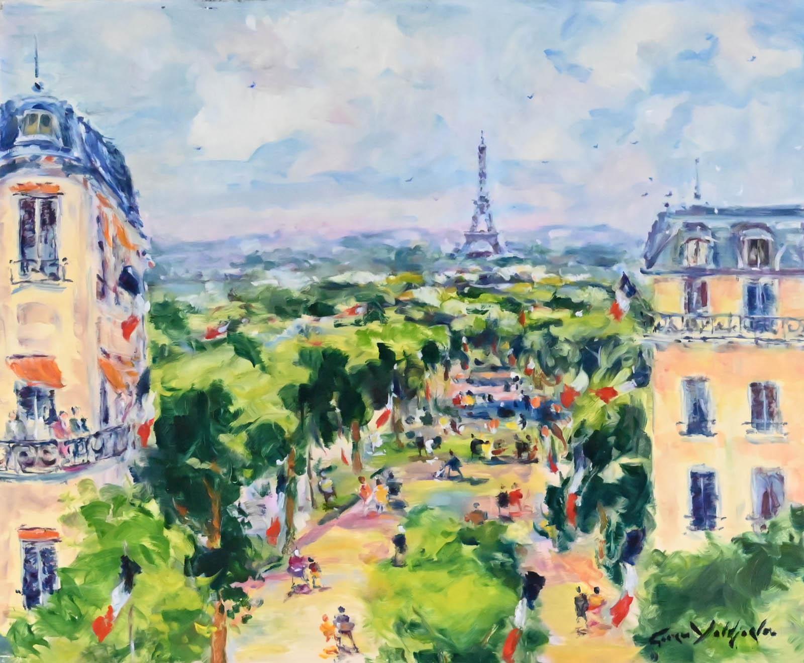 Georges Yoldjoglou Figurative Painting - Paris, vue sur les jardins de la Tour Eiffel