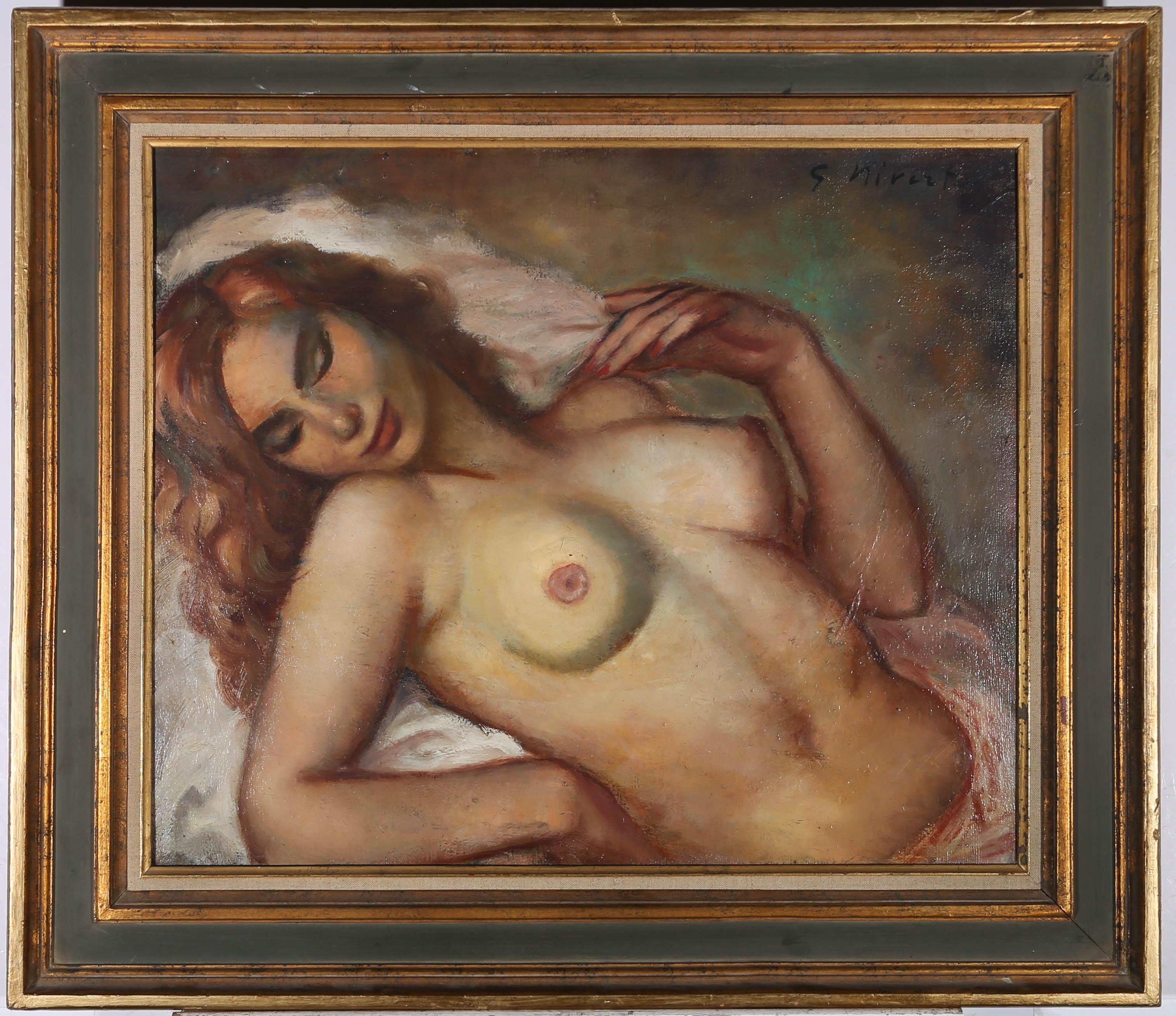 A serene, delicately executed nude in oil, showing a beautiful young woman deep in peaceful sleep. The artist has signed to the upper right corner and the painting has been presented in a mid Century distressed frame with linen and aged gilt slip.