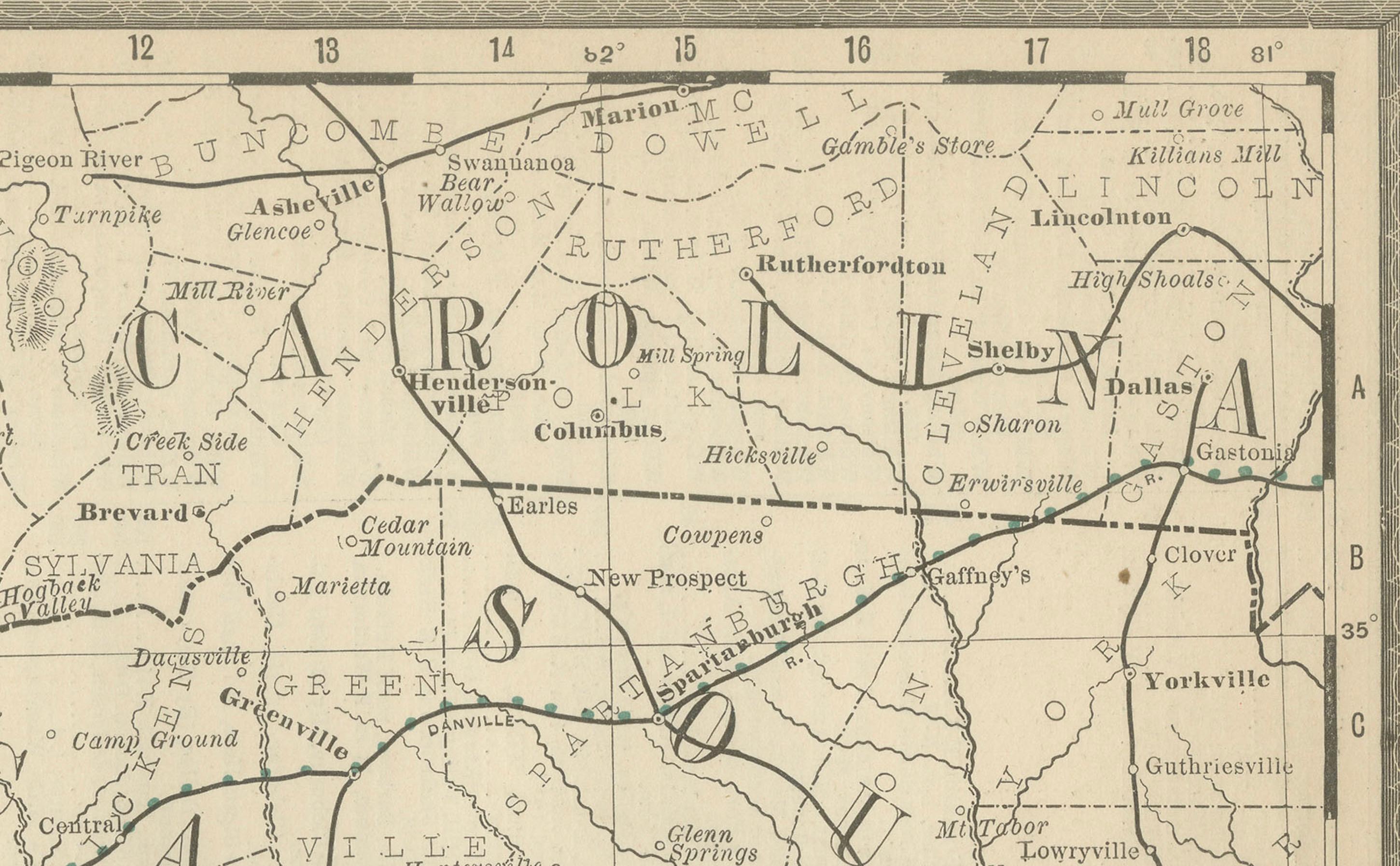 Mappa antica della Georgia del 1888 - Ferrovie, insediamenti e contee di frontiera in vendita 3