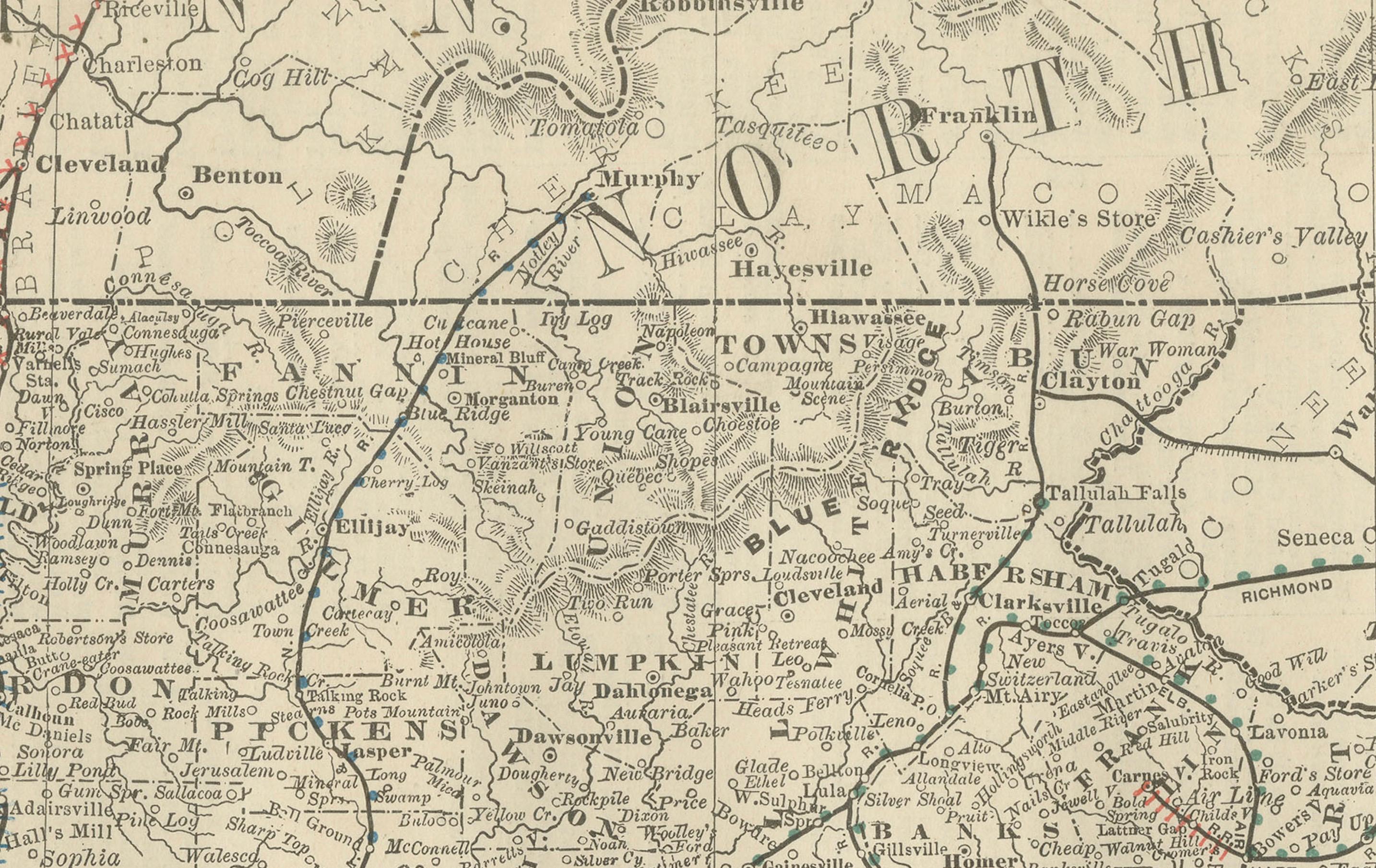 Mappa antica della Georgia del 1888 - Ferrovie, insediamenti e contee di frontiera in vendita 4