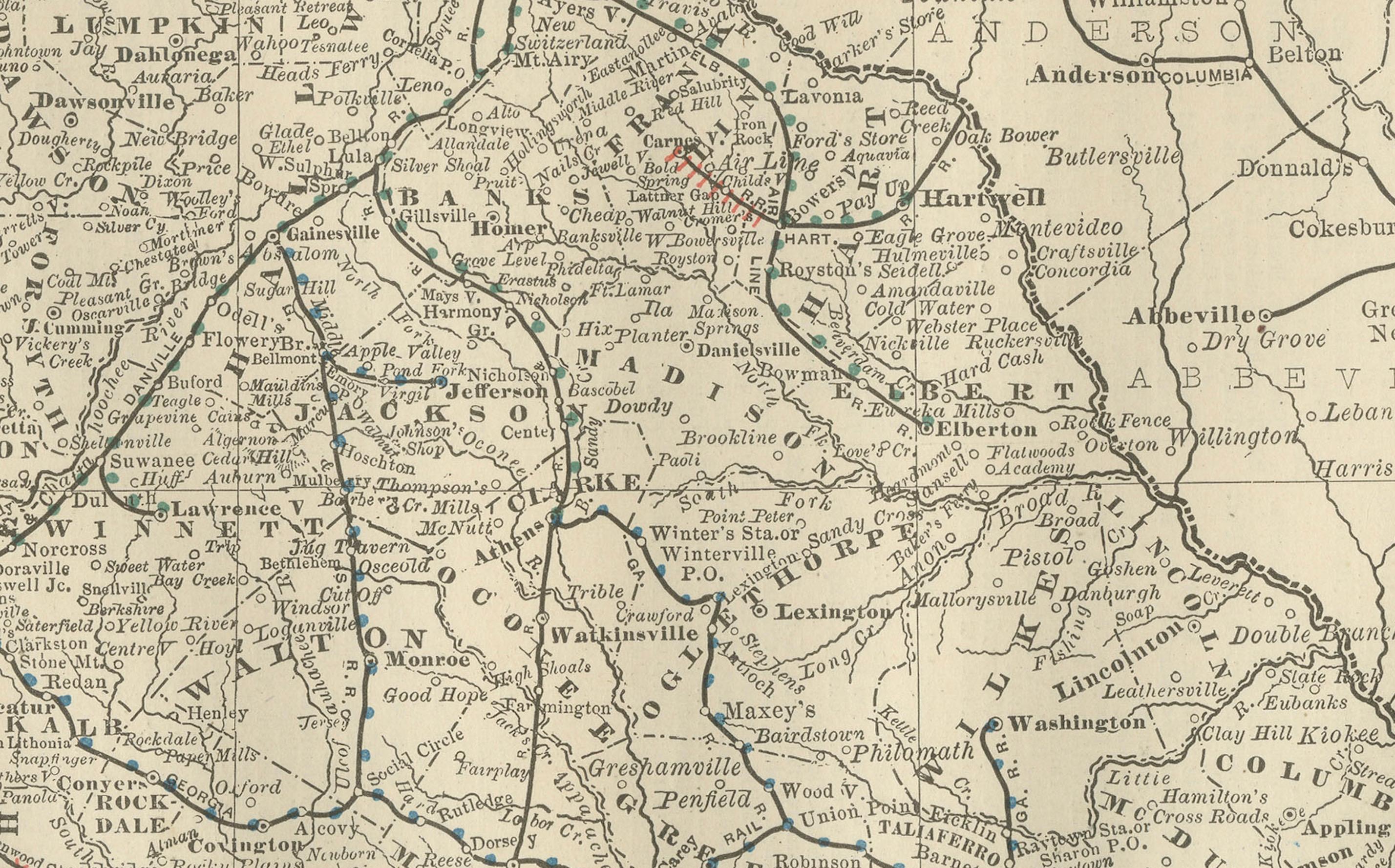 Mappa antica della Georgia del 1888 - Ferrovie, insediamenti e contee di frontiera in vendita 5