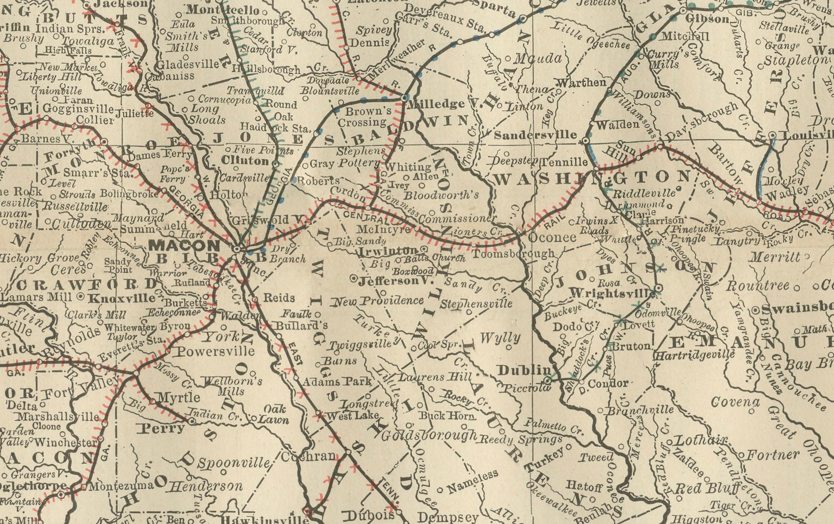 Mappa antica della Georgia del 1888 - Ferrovie, insediamenti e contee di frontiera in vendita 6