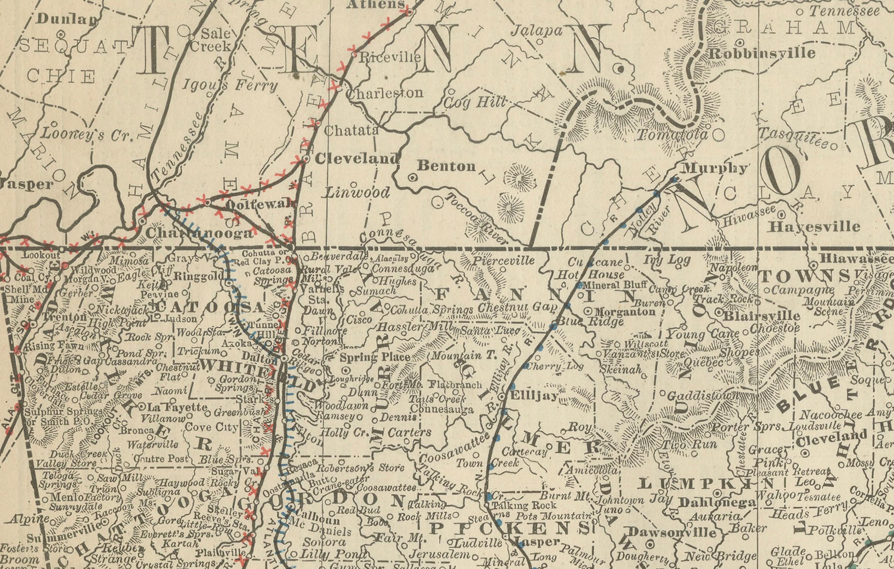 Mappa della Georgia 1888 - Litografia antica di Rand McNally

Questa antica mappa della Georgia del 1888, pubblicata da Rand, McNally & Co., offre un ritratto dettagliato dello stato nell'era post-Ricostruzione, quando le ferrovie, l'agricoltura e
