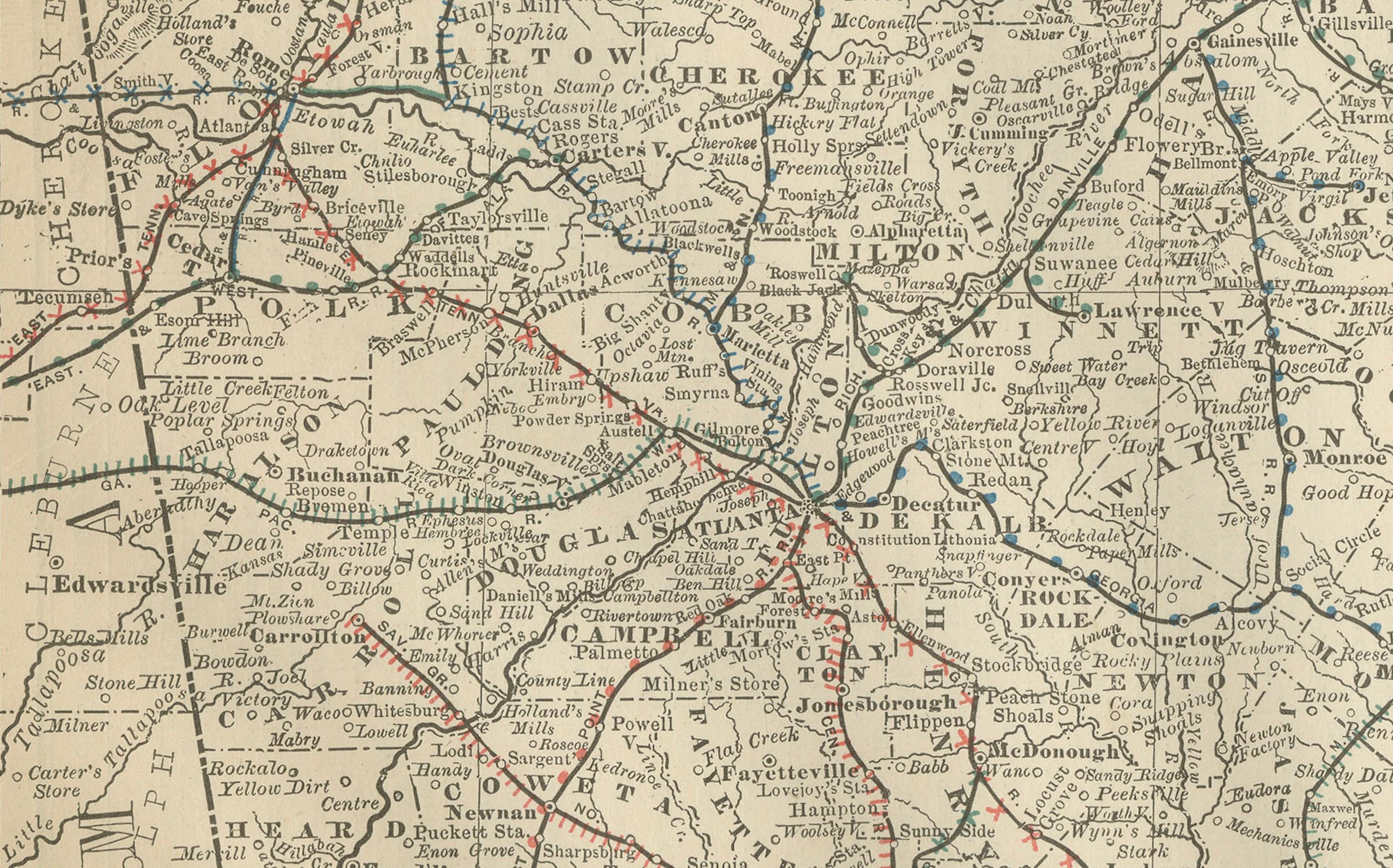 Americano Mappa antica della Georgia del 1888 - Ferrovie, insediamenti e contee di frontiera in vendita
