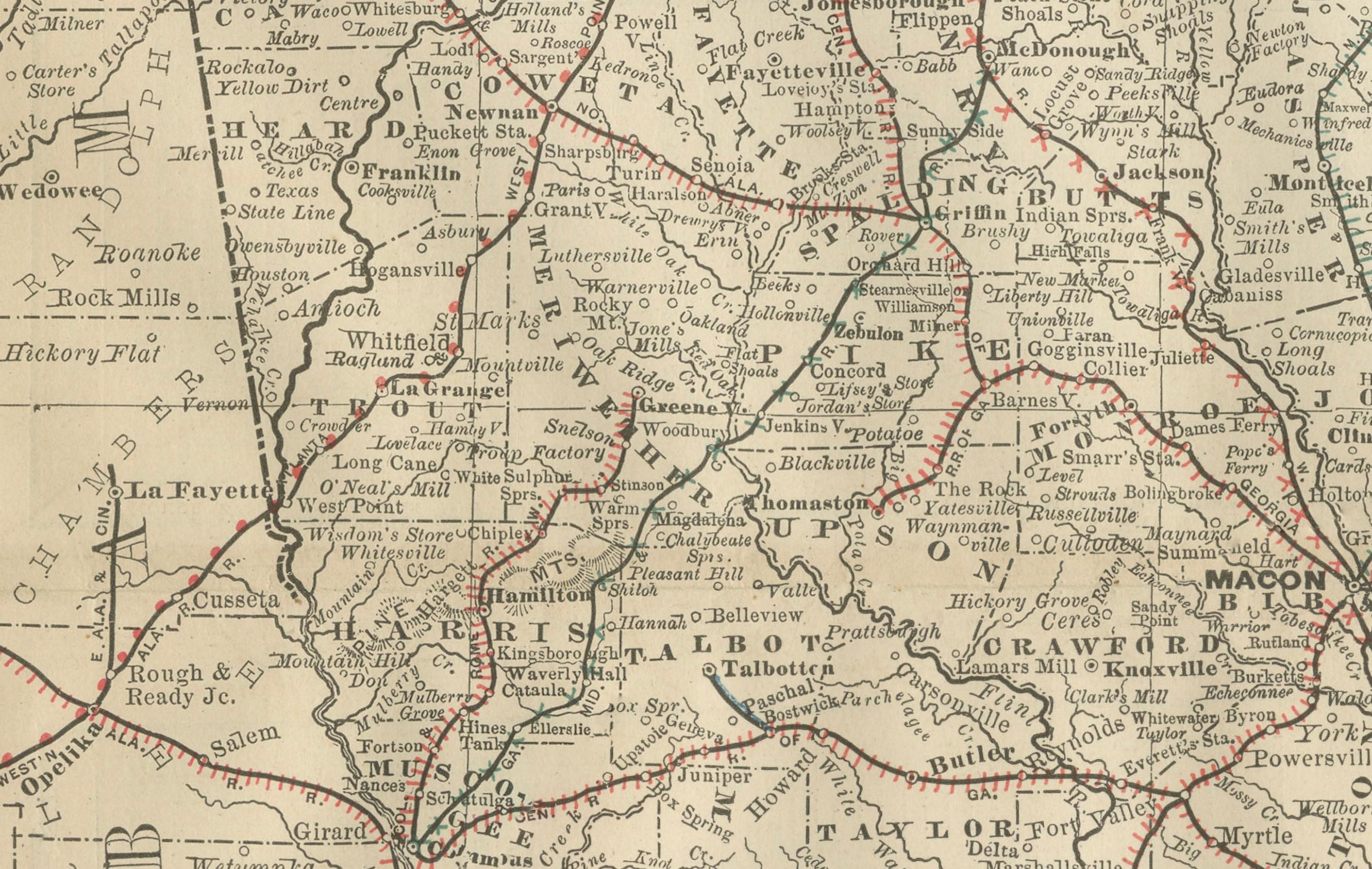 Inciso Mappa antica della Georgia del 1888 - Ferrovie, insediamenti e contee di frontiera in vendita