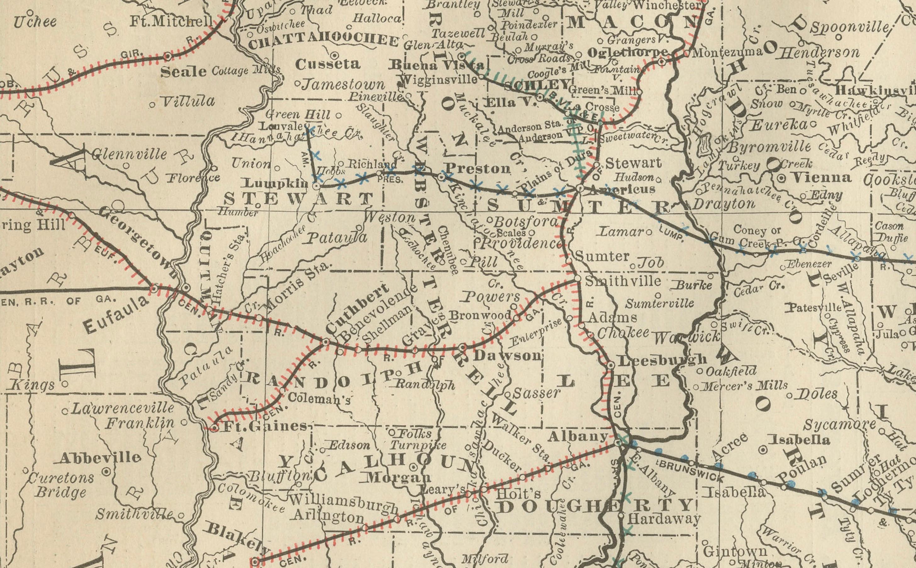 Mappa antica della Georgia del 1888 - Ferrovie, insediamenti e contee di frontiera In condizioni buone in vendita a Langweer, NL