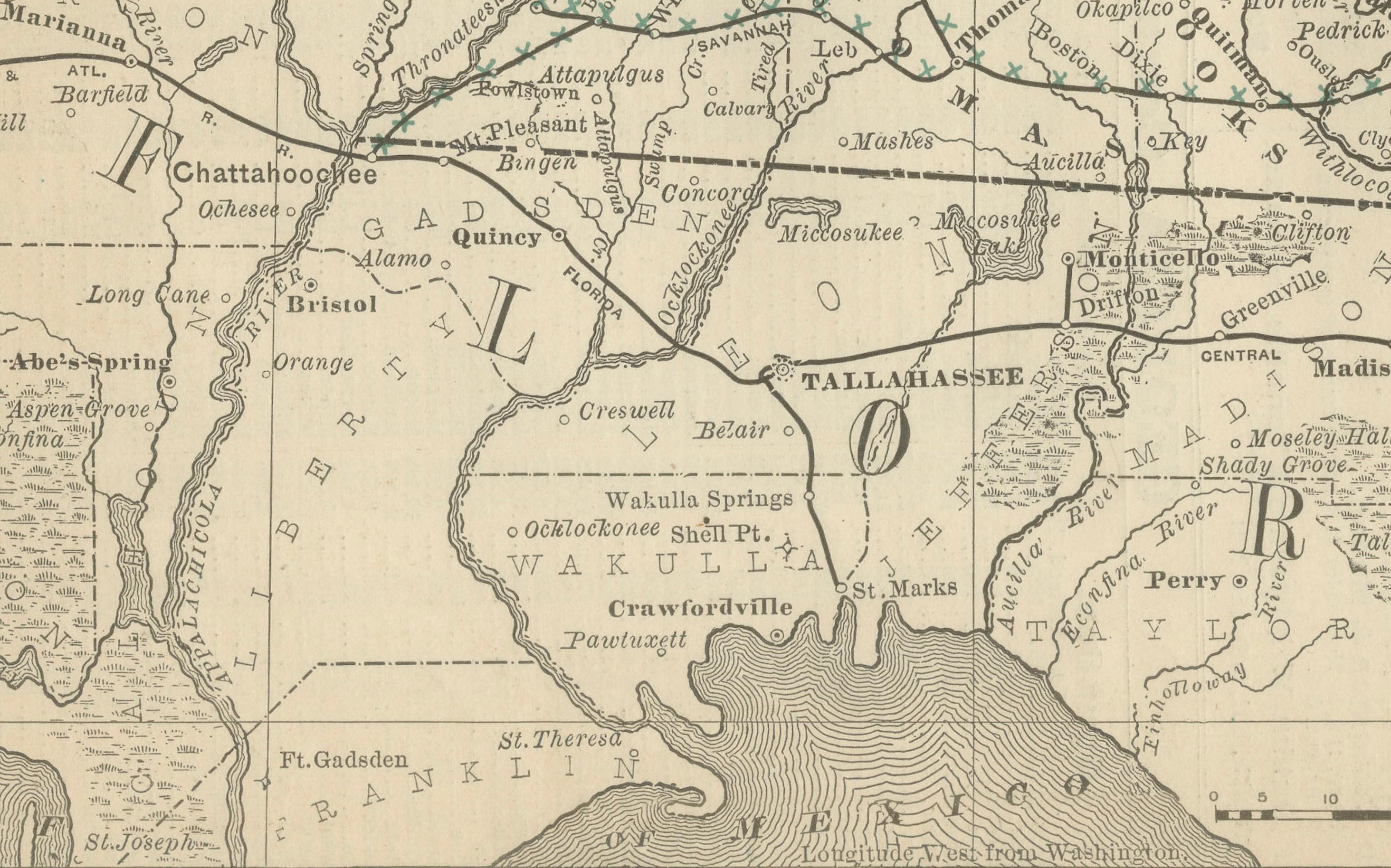XIX secolo Mappa antica della Georgia del 1888 - Ferrovie, insediamenti e contee di frontiera in vendita