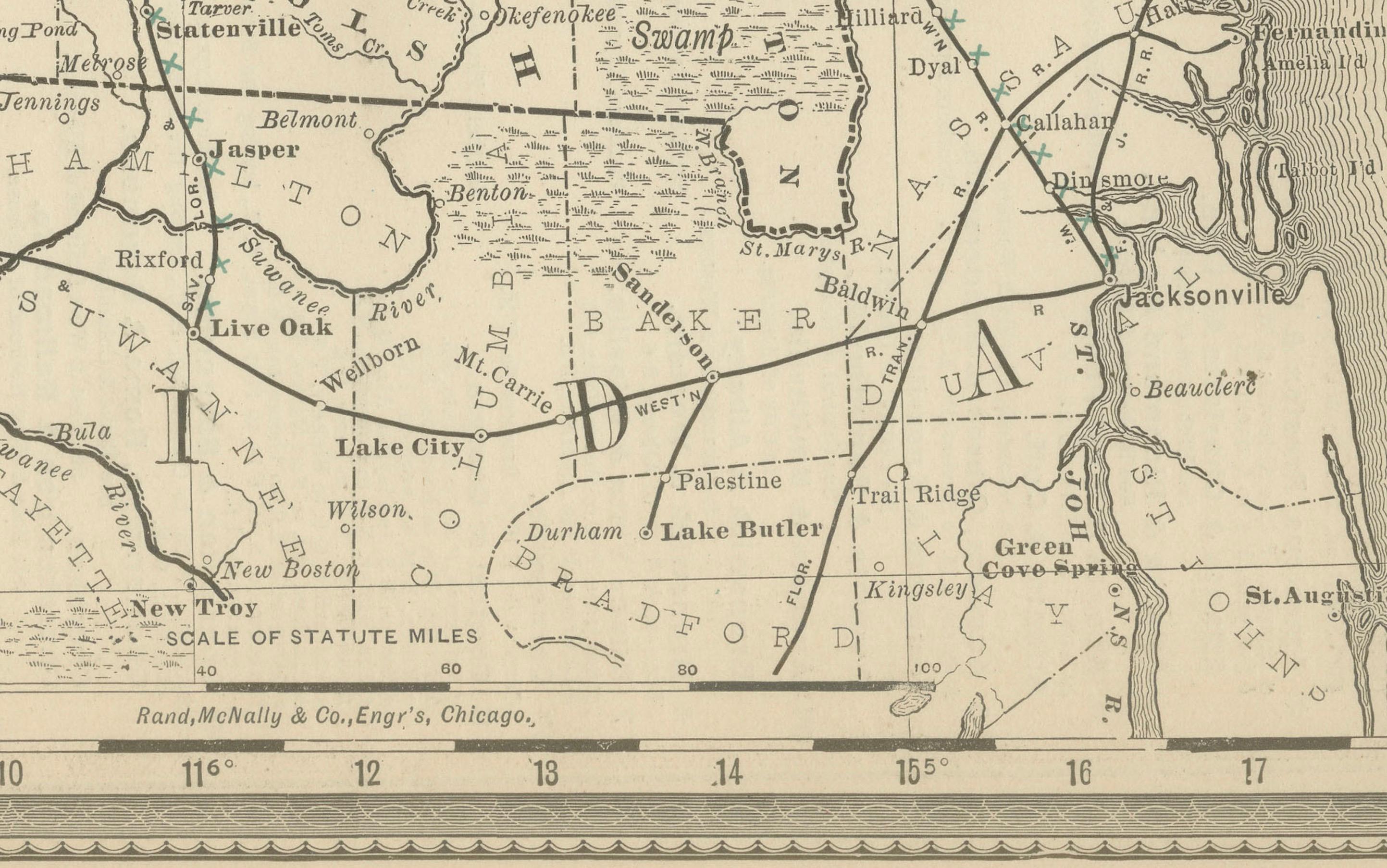 Carta Mappa antica della Georgia del 1888 - Ferrovie, insediamenti e contee di frontiera in vendita