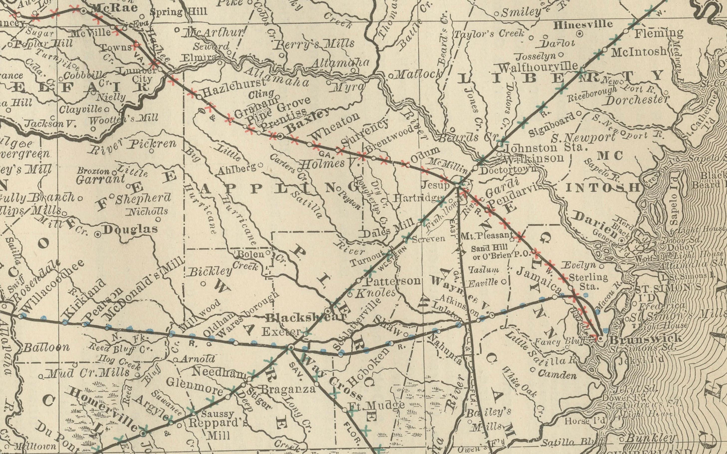Mappa antica della Georgia del 1888 - Ferrovie, insediamenti e contee di frontiera in vendita 1