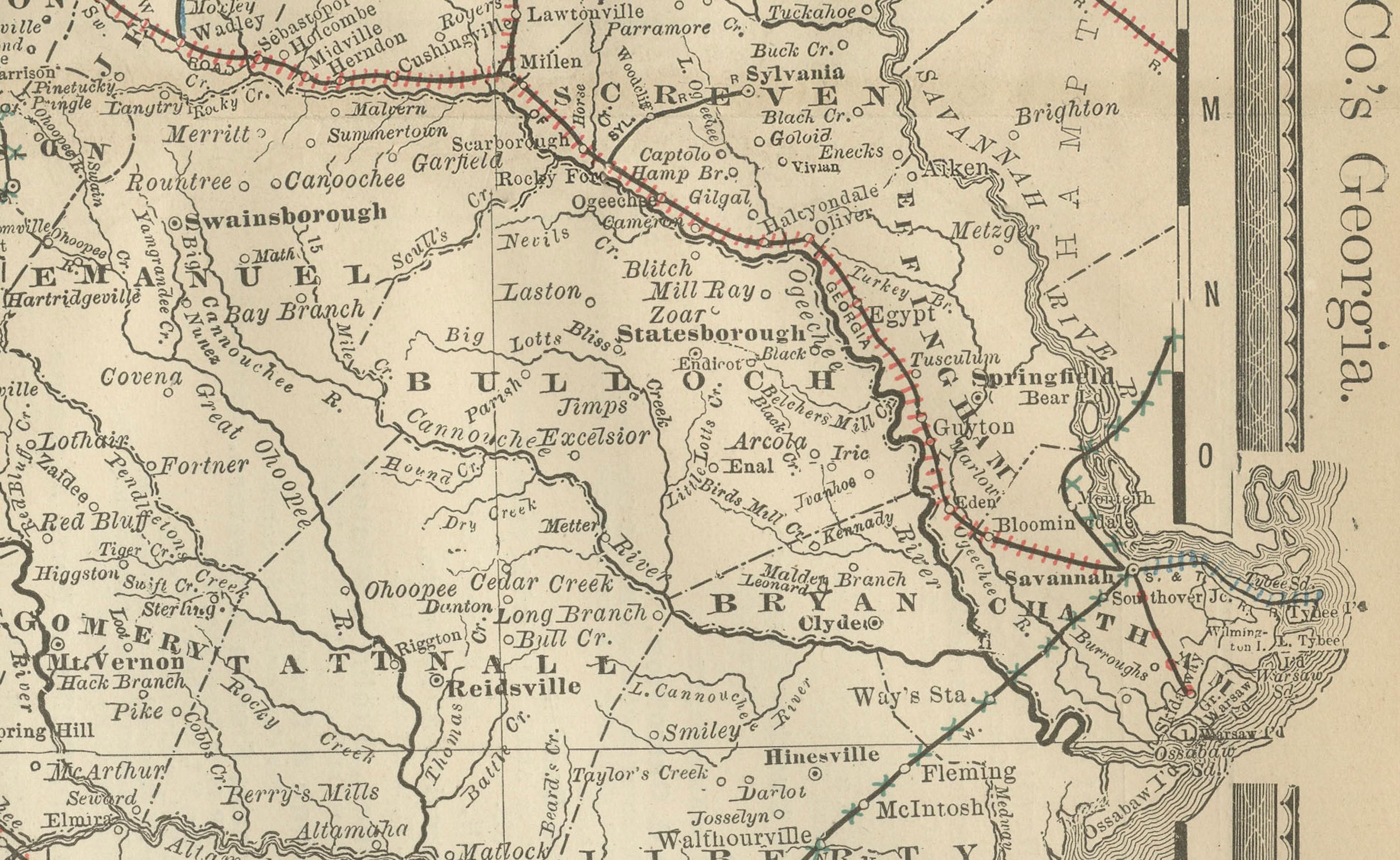 Mappa antica della Georgia del 1888 - Ferrovie, insediamenti e contee di frontiera in vendita 2