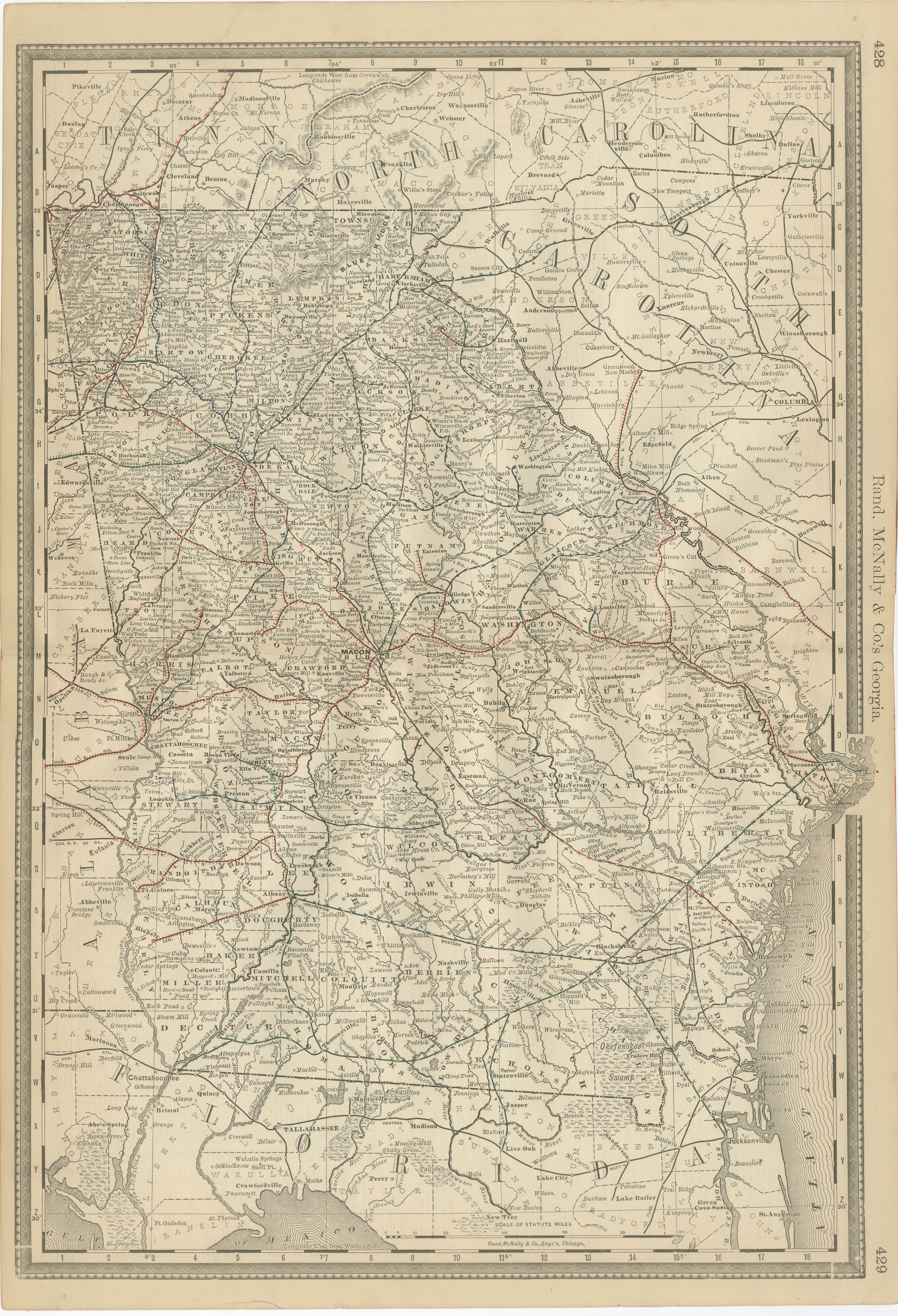 Mappa antica della Georgia del 1888 - Ferrovie, insediamenti e contee di frontiera in vendita