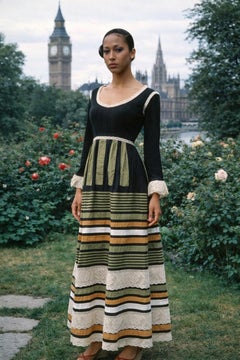 1970s Vintage Georgia Charuhas Maxi Dress in Black, Beige, Green