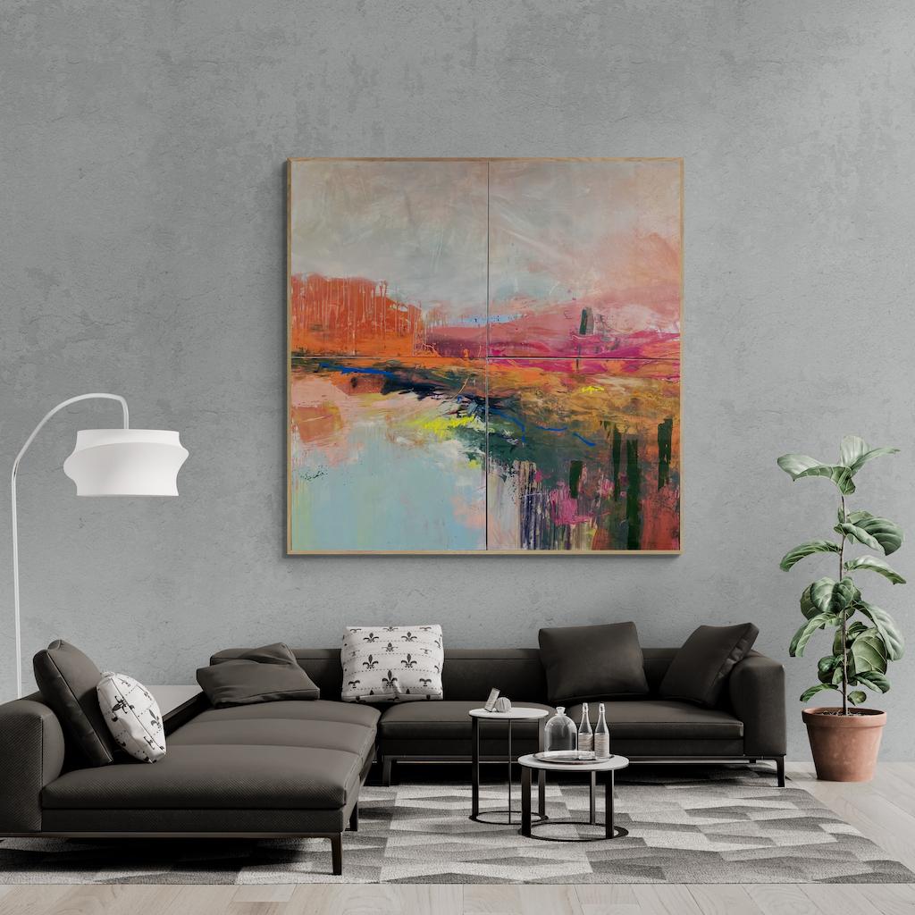 A stunning, statement piece. An expressive landscape painting with a striking colour palette rich in orange, pink and red hues. Alive with movement, freedom and experimental brushwork. A statement piece which you look into The painting is split