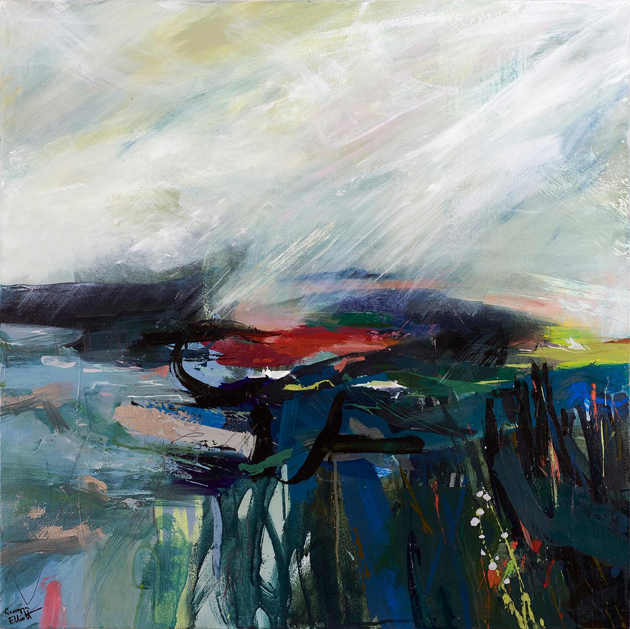 STEP AWAY FROM THE EDGE (94x94cm), Abstract, Modern art  - Gray Landscape Painting by Georgia Elliott