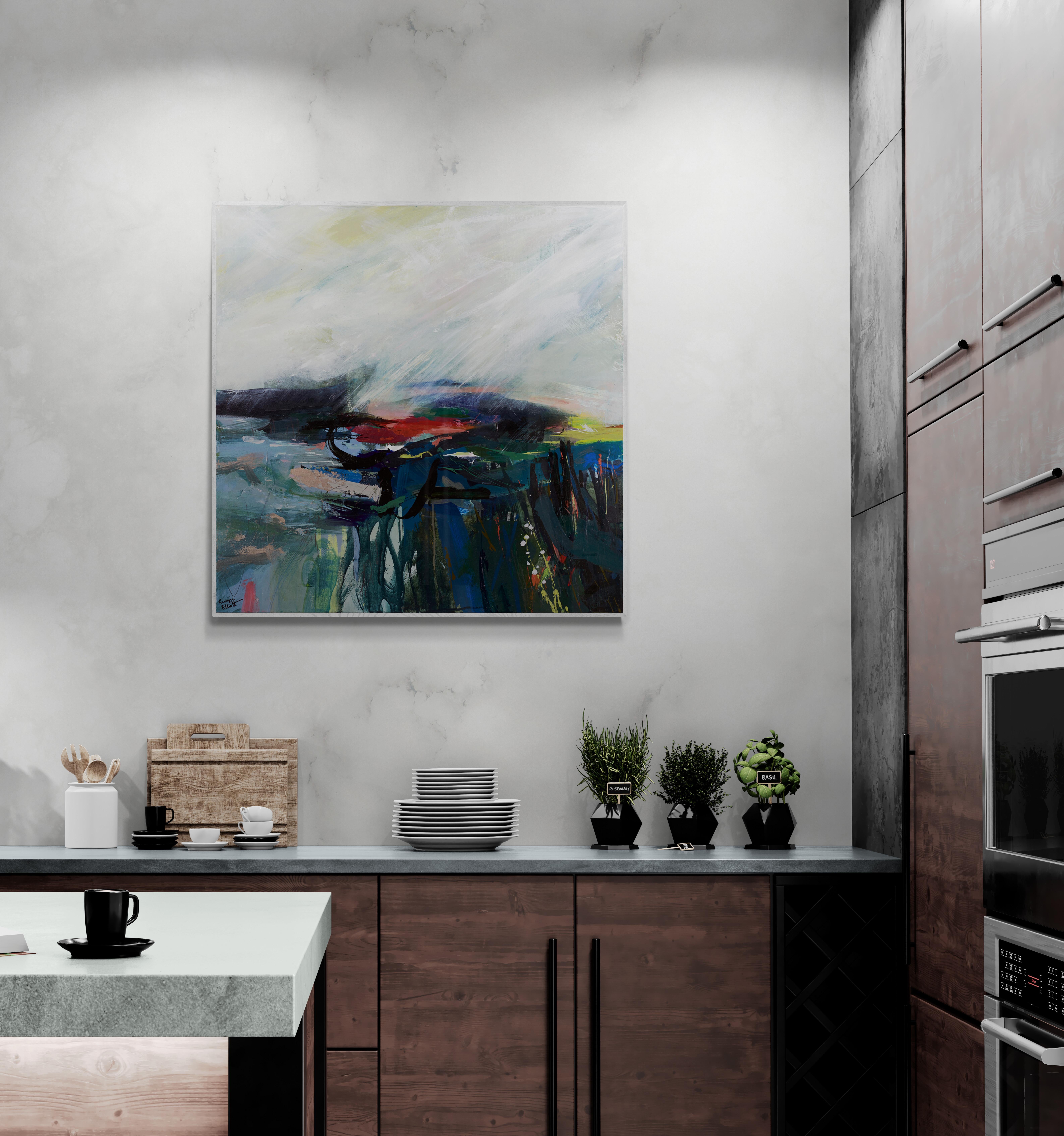 A moody, atmospheric abstract landscape painting. Original painting on canvas, sealed and UV varnished to protect from sunlight. Mixed media: Acrylic, oil stick & spray paint. Presented in a contemporary white float frame. Ready to hang. Signed on