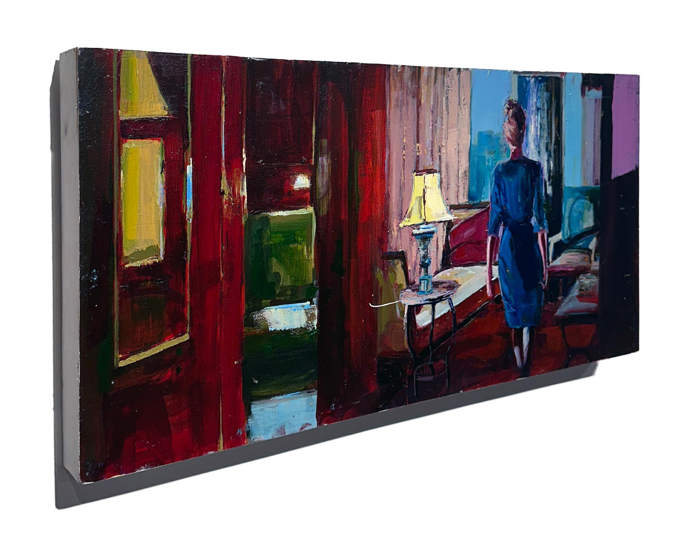 Más allá del encaje - Interior poco iluminado con figura femenina, pintura de textura gruesa sobre panel - Painting de Georgia Hinaris
