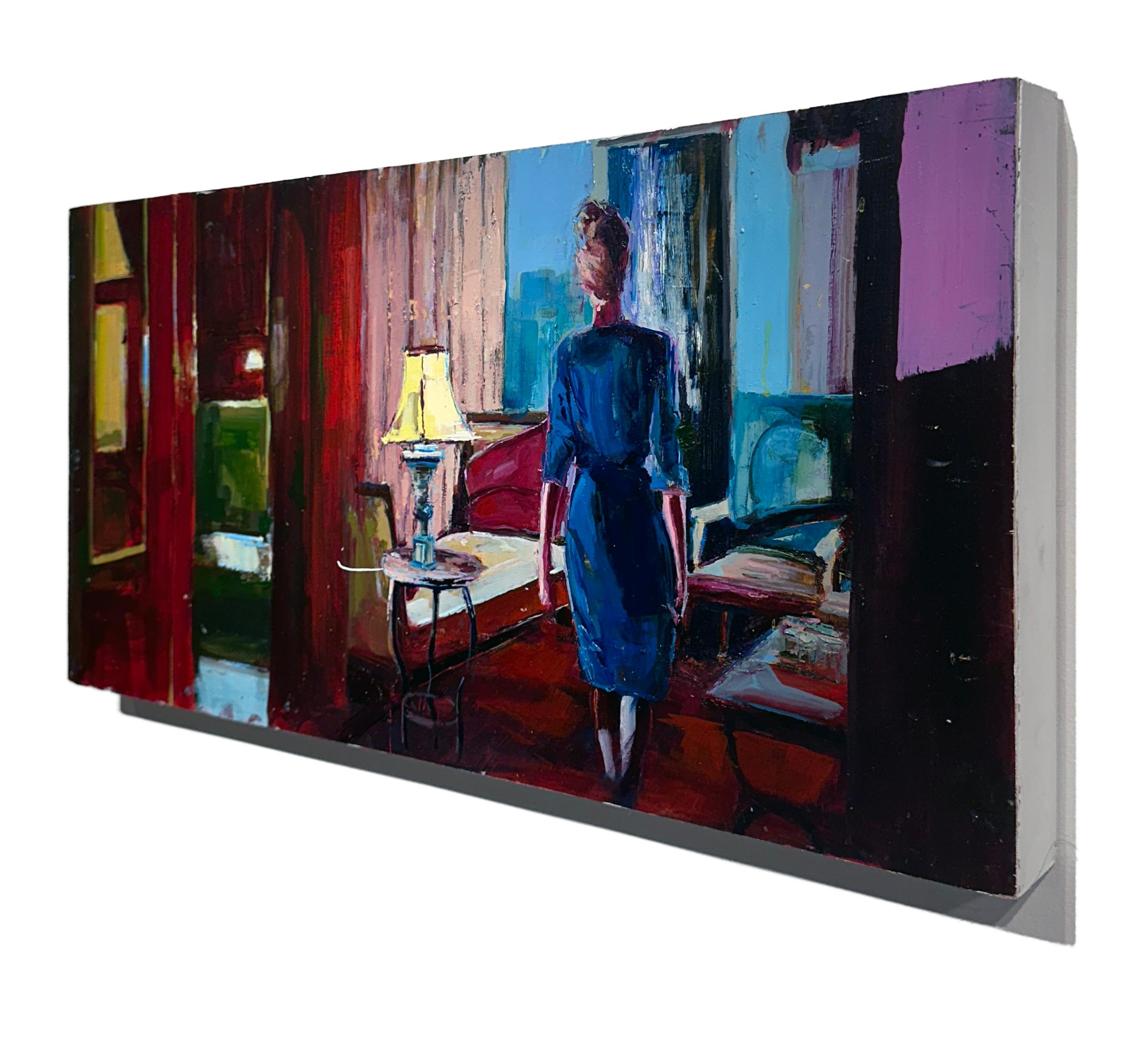 Más allá del encaje - Interior poco iluminado con figura femenina, pintura de textura gruesa sobre panel - Painting Contemporáneo de Georgia Hinaris