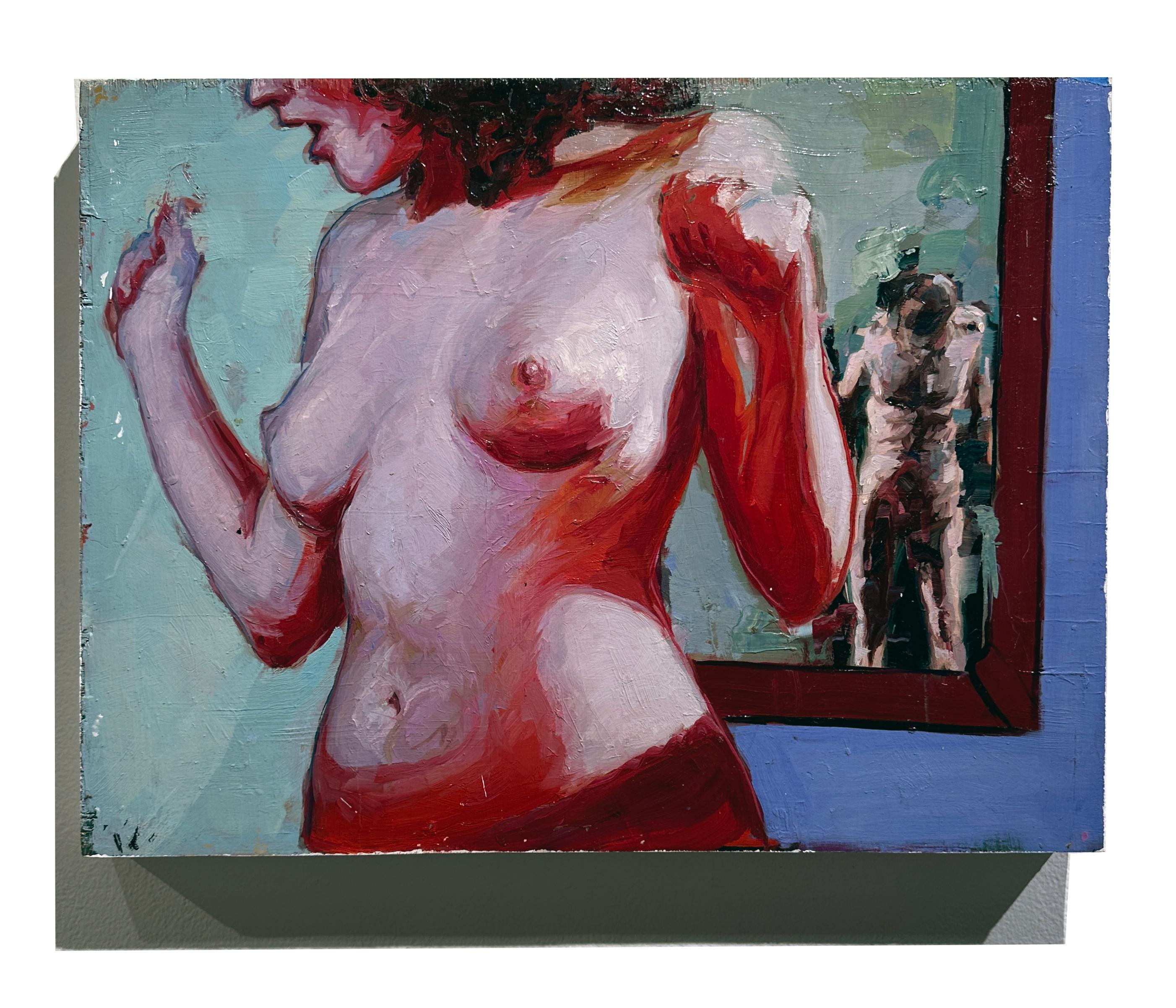 Bloody Birthday - Female Nude, Bold Colors and Heavy Textured Paint on Panel - Painting by Georgia Hinaris