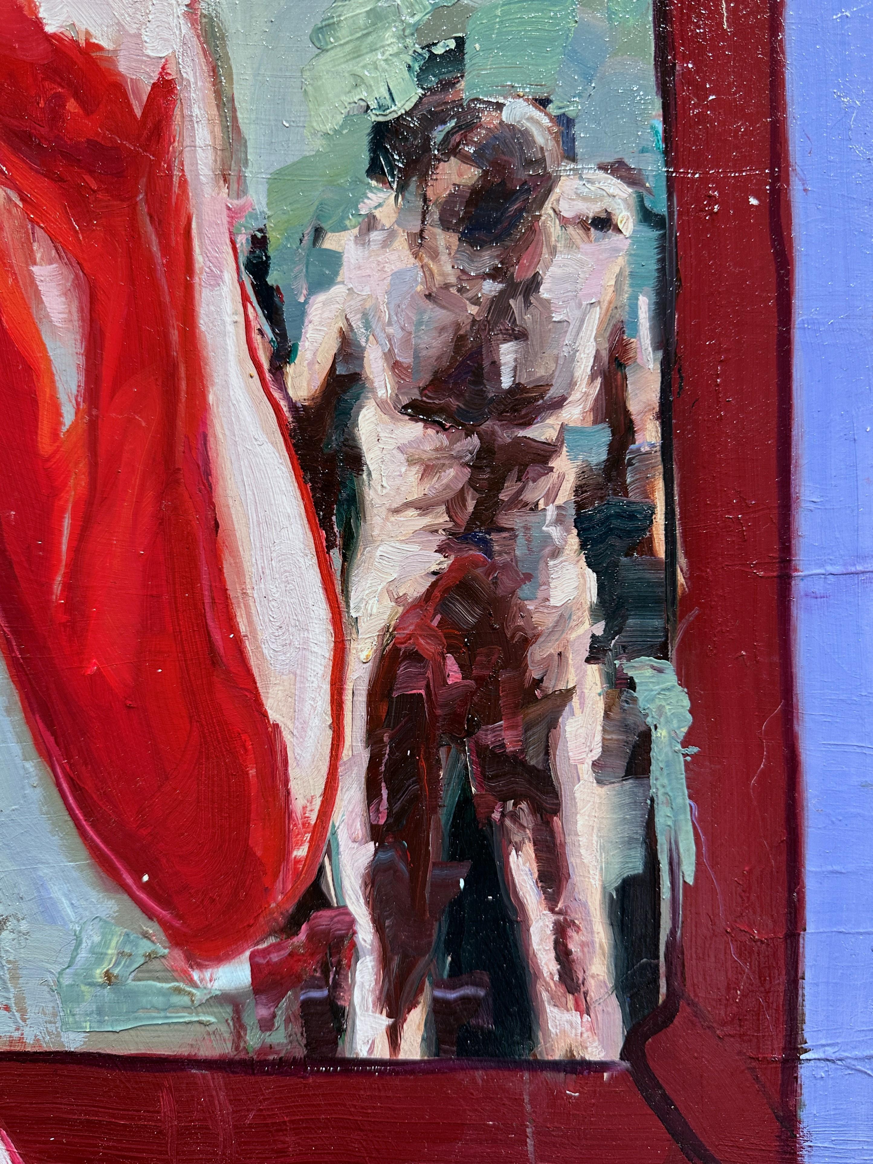 Bloody Birthday - Female Nude, Bold Colors and Heavy Textured Paint on Panel - Contemporary Painting by Georgia Hinaris