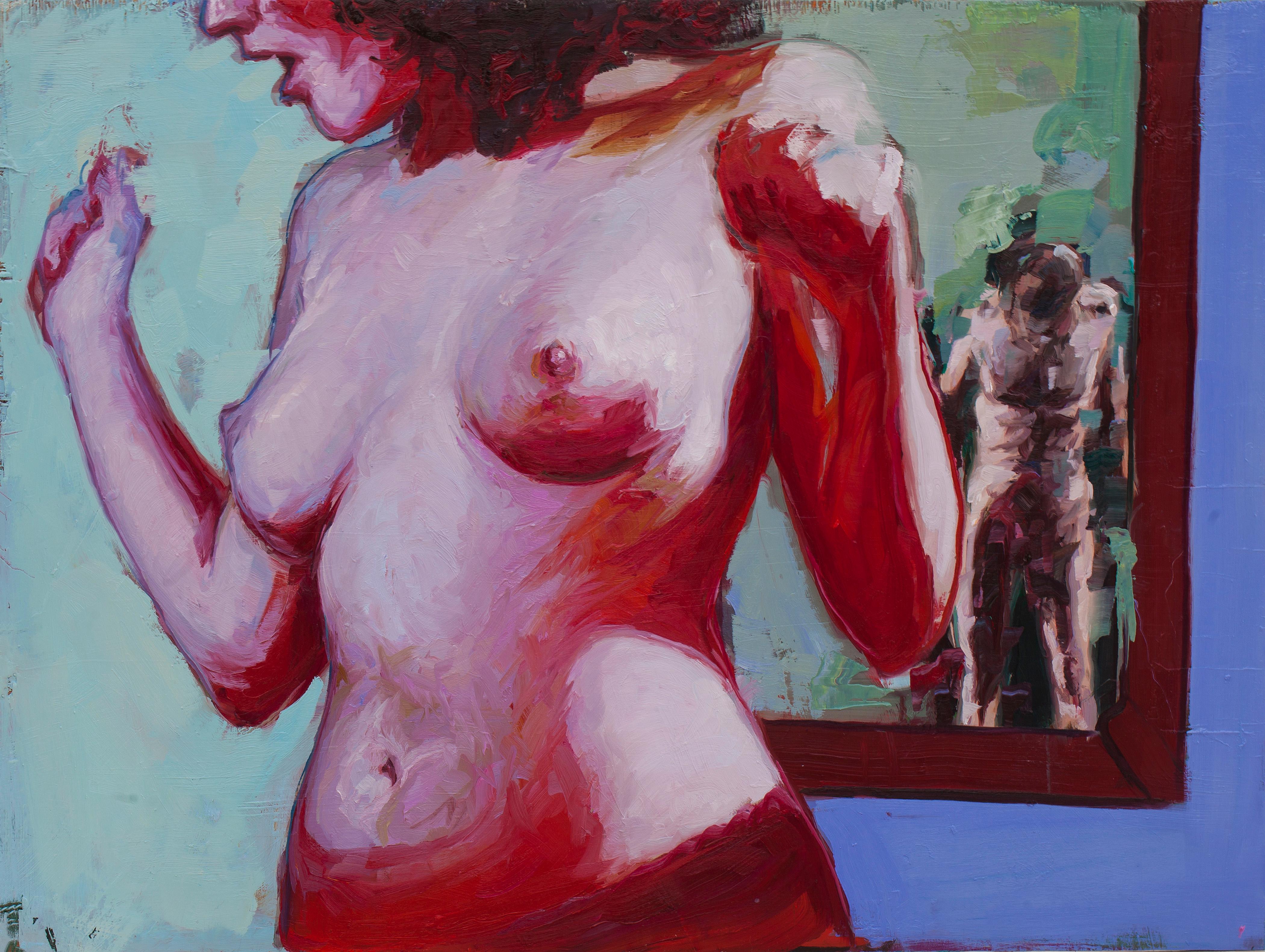 Georgia Hinaris Figurative Painting - Bloody Birthday - Female Nude, Bold Colors and Heavy Textured Paint on Panel