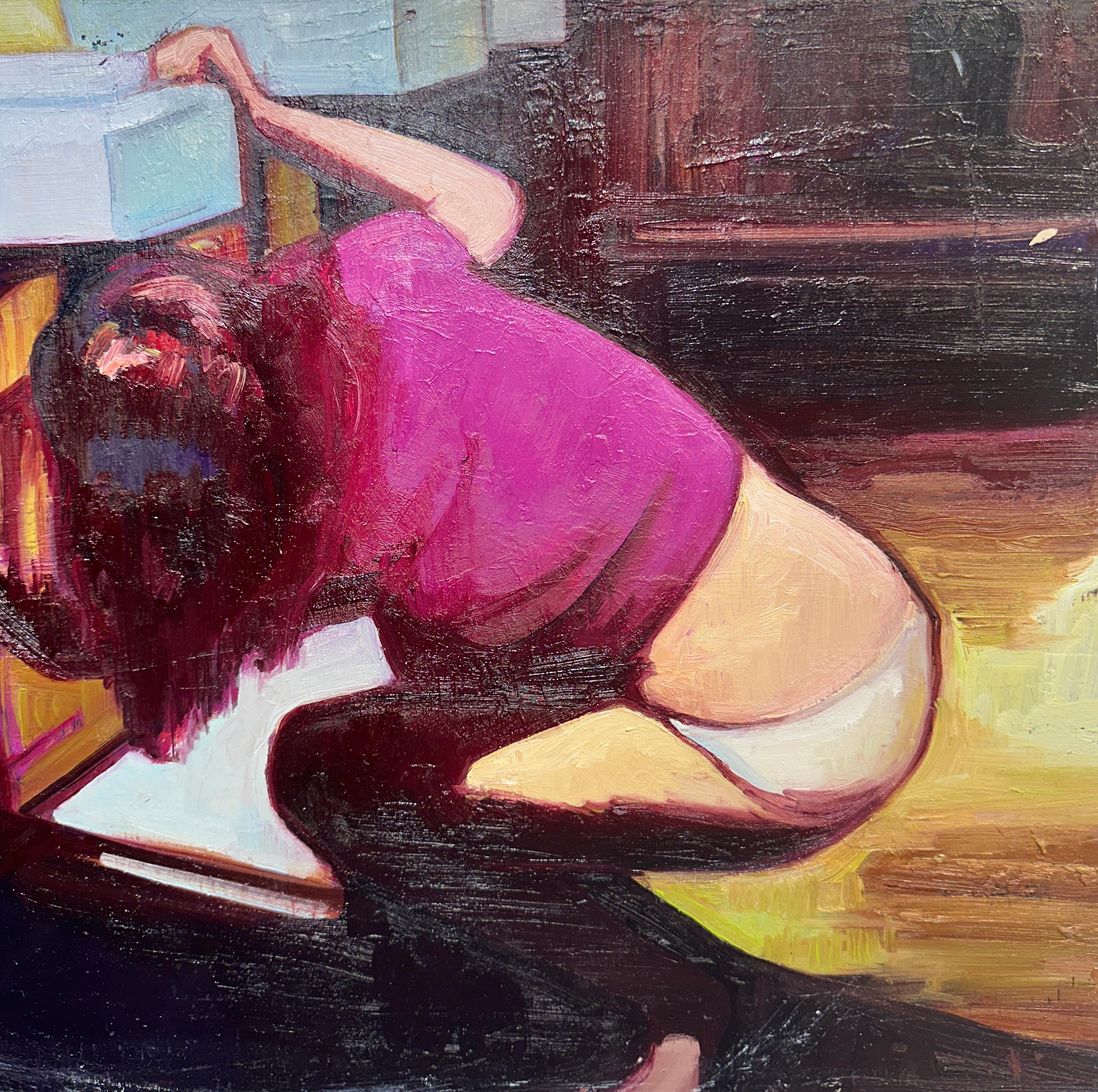 Controllo del lavandino di venerdì, colori vivaci e pittura a trama pesante su pannello - Interior Painting Nero di Georgia Hinaris