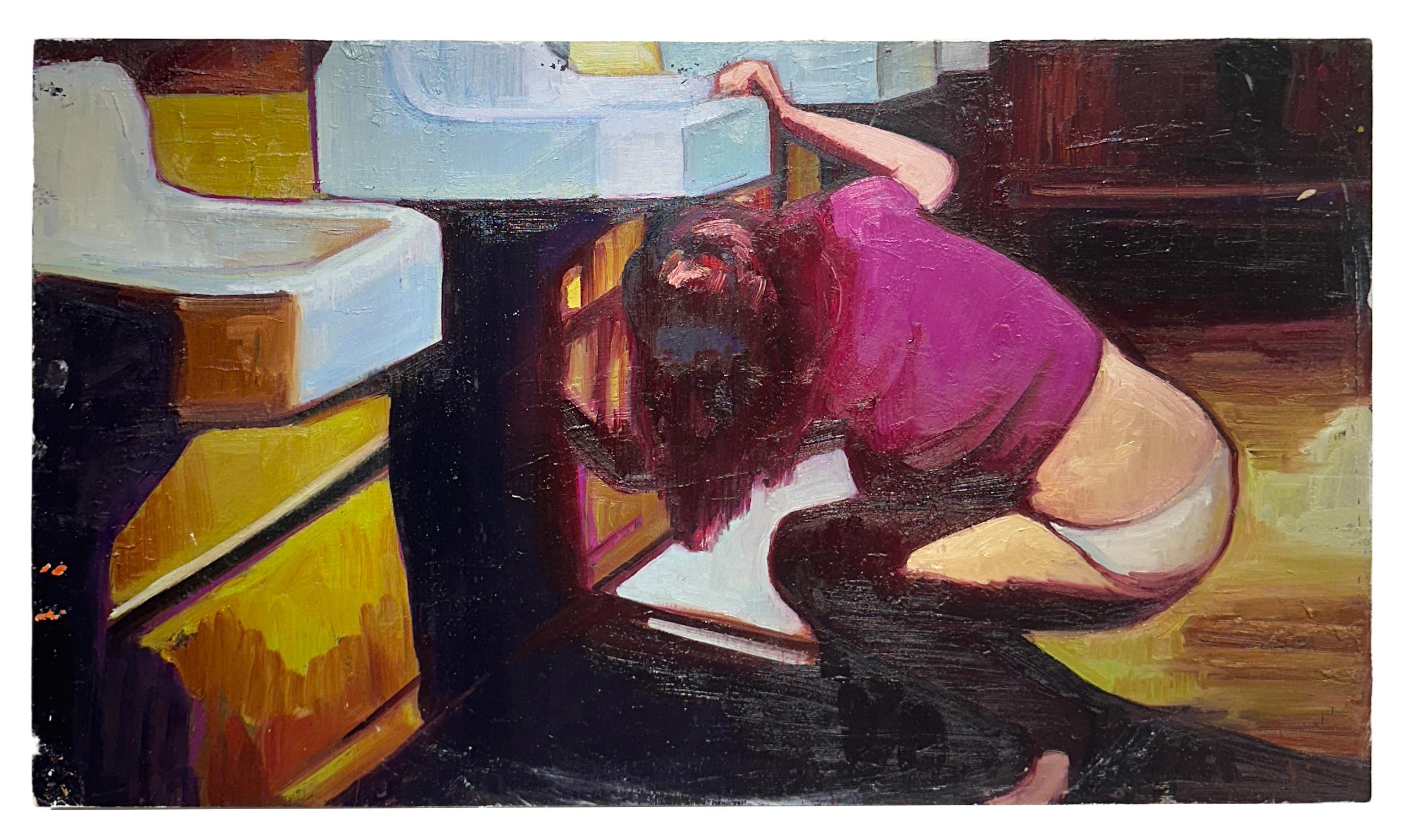 Interior Painting di Georgia Hinaris - Controllo del lavandino di venerdì, colori vivaci e pittura a trama pesante su pannello