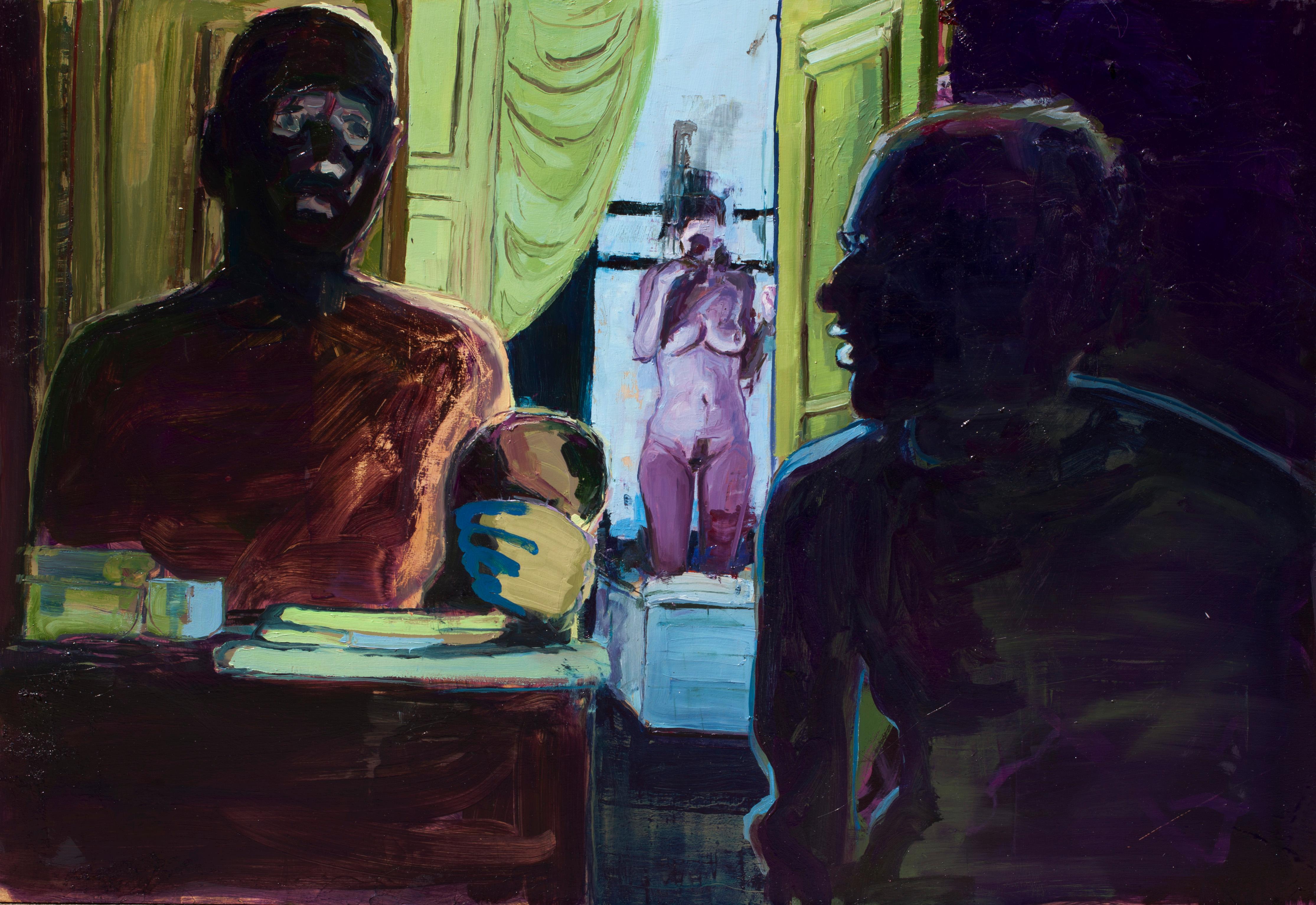 Georgia Hinaris Figurative Painting - Half Men - Figures Cast in Shadow and Female Nude, Bold Colors, Heavy Paint