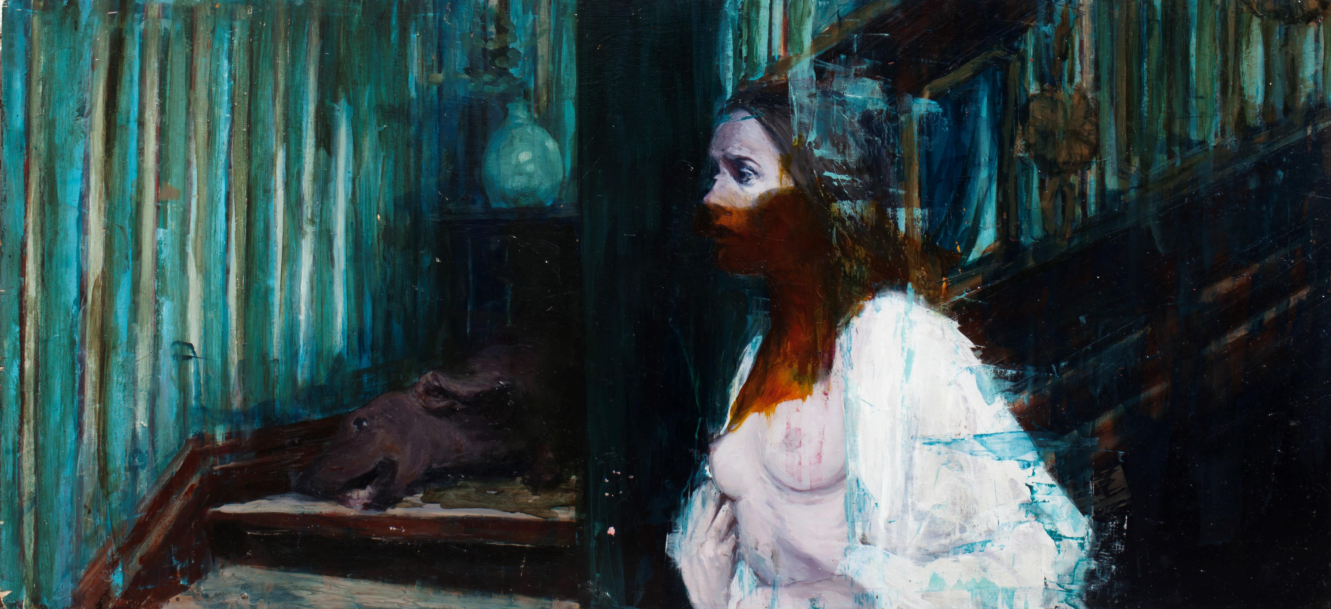 Georgia Hinaris Figurative Painting – I Spit on Your Angst - Original Ölgemälde auf Tafel mit nackter Frau