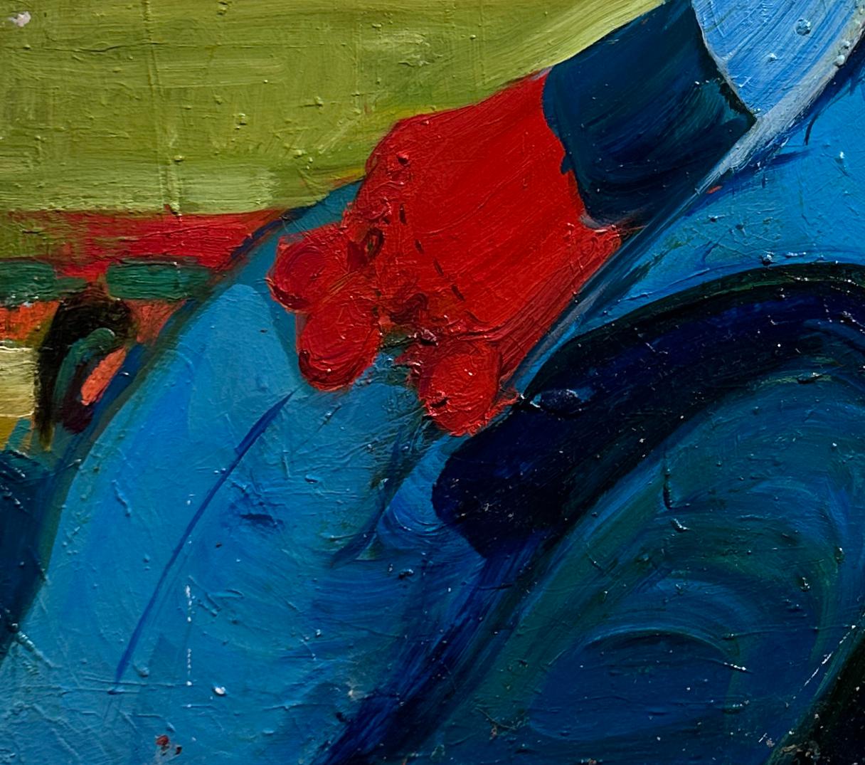 Leuchtend blaue, rote und grüne Farbtupfer gibt es auf diesem Gemälde von Georgia Hinaris mit dem Titel 