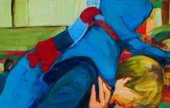 Piggy Back - Deux personnages aux couleurs vives et à la peinture à l'huile épaisse texturée sur panneau