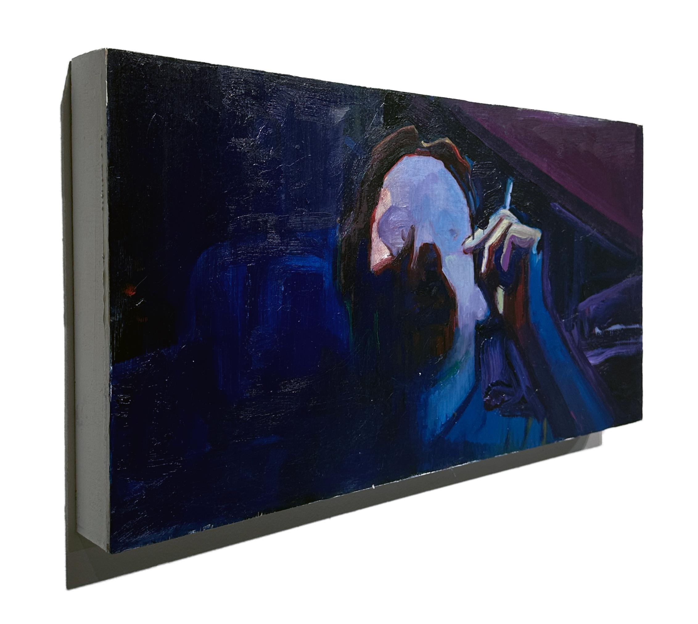Video Blood - Single Figure, Smoking, Dark, Moody Colors, Oil on Panel - Painting by Georgia Hinaris