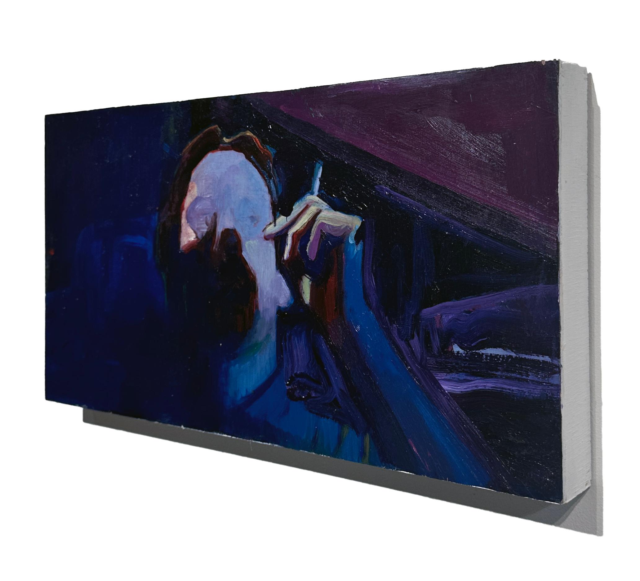 Video Blood - Single Figure, Smoking, Dark, Moody Colors, Oil on Panel - Contemporary Painting by Georgia Hinaris